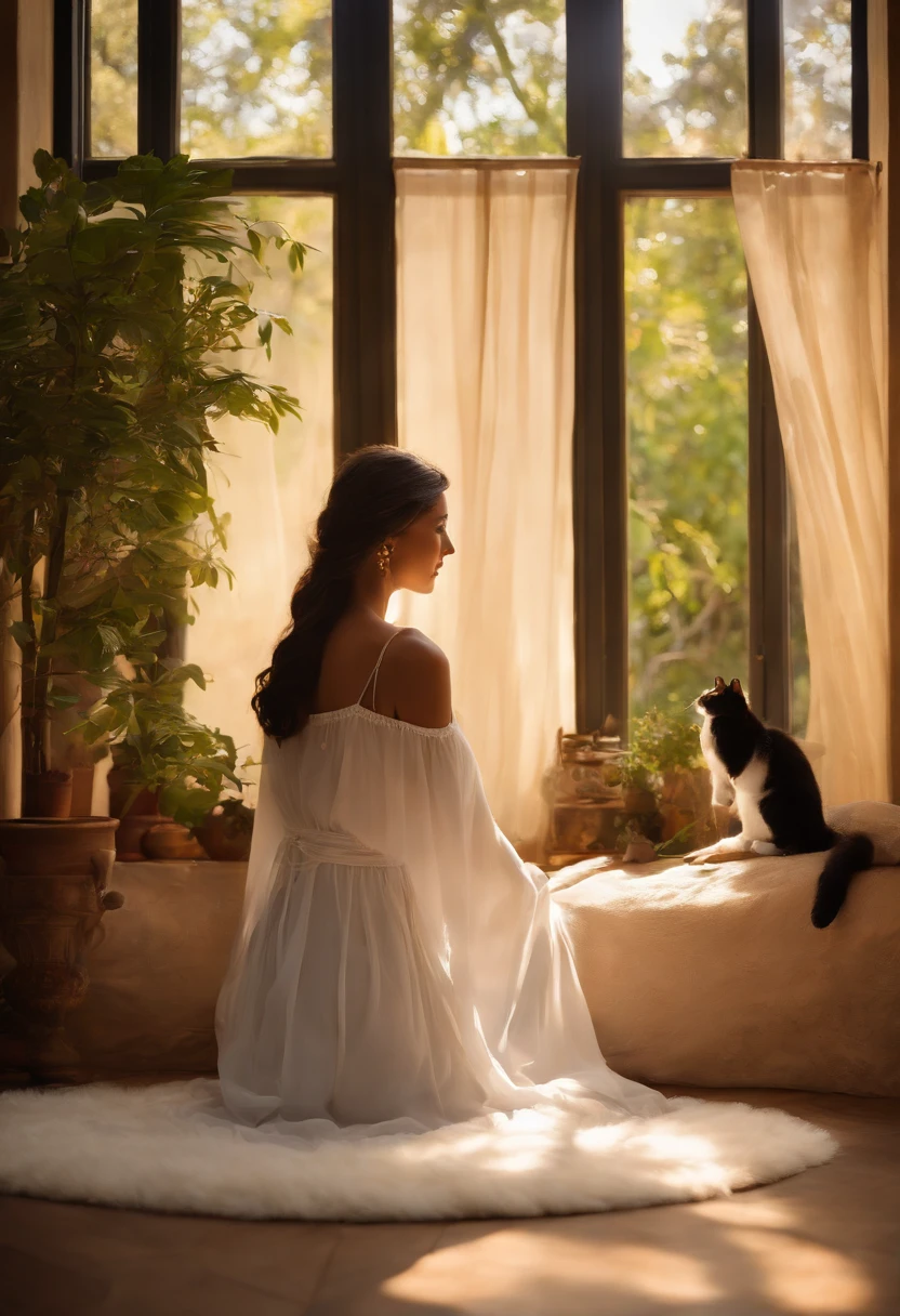 "A young girl meditating in her bedroom, perched on her bed beside a window overlooking a serene garden. Soft rays of golden sunlight gently filter through the translucent curtains, casting a warm glow on the room. The girl, with closed eyes and a serene expression, sits cross-legged in her tranquility, her long, flowing hair cascading down her back. The room is adorned with vibrant tapestries, each depicting a different scene from nature, infusing the space with a sense of tranquility and harmony. The air is rich with the fragrance of blooming flowers, mingling with the gentle aroma of incense. In the corner of the room, a majestic ebony cat, elegantly poised like a guardian spirit, watches over the girl with a wise and mysterious gaze. Its sleek fur, dappled with moonlit shadows, shimmers as if kissed by moonbeams. The girl's serene energy resonates with her feline companion, revealing an unspoken bond between them. Together, they create a blissful tableau, a moment frozen in time, captured in a captivating painting with delicate brushstrokes that expertly capture the nuances of light and shadow, evoking a profound sense of peace and introspection"