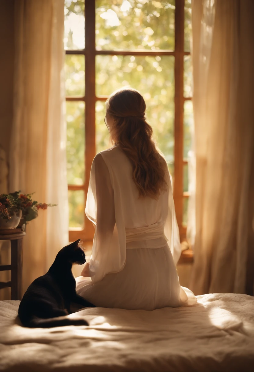 "A young girl meditating in her bedroom, perched on her bed beside a window overlooking a serene garden. Soft rays of golden sunlight gently filter through the translucent curtains, casting a warm glow on the room. The girl, with closed eyes and a serene expression, sits cross-legged in her tranquility, her long, flowing hair cascading down her back. The room is adorned with vibrant tapestries, each depicting a different scene from nature, infusing the space with a sense of tranquility and harmony. The air is rich with the fragrance of blooming flowers, mingling with the gentle aroma of incense. In the corner of the room, a majestic ebony cat, elegantly poised like a guardian spirit, watches over the girl with a wise and mysterious gaze. Its sleek fur, dappled with moonlit shadows, shimmers as if kissed by moonbeams. The girl's serene energy resonates with her feline companion, revealing an unspoken bond between them. Together, they create a blissful tableau, a moment frozen in time, captured in a captivating painting with delicate brushstrokes that expertly capture the nuances of light and shadow, evoking a profound sense of peace and introspection"
