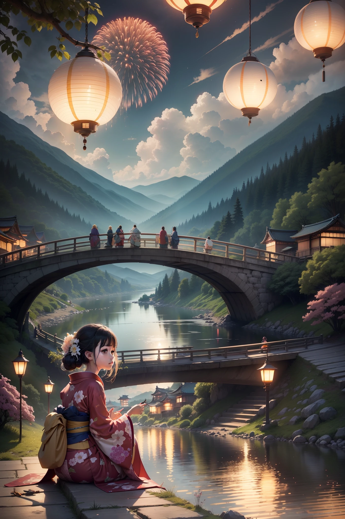 A girl sits at the head of the bridge wearing a kimono，evening sky，A lot of clouds（The sun shines on the clouds），Lots of lanterns，Mountains and cities in the distance，In front of it is a river（Fireworks blooming in the sky are reflected in the river），Lots of fireworks in the sky，The tree，florals，Japanese manga style，ray tracing, reflection light, vignetting, UHD, super detail, high details, 8k