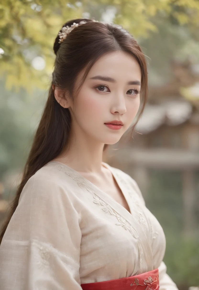Fair complexion, A woman around 19 years old, Natural brunette hair, , Slender and graceful, Beautiful, Light in a Chinese garden setting, super sharp focus, realistic lens, Open Hanfu women's clothing, Four colors (Scar:1.4)exposing her chest,and wear no underwear