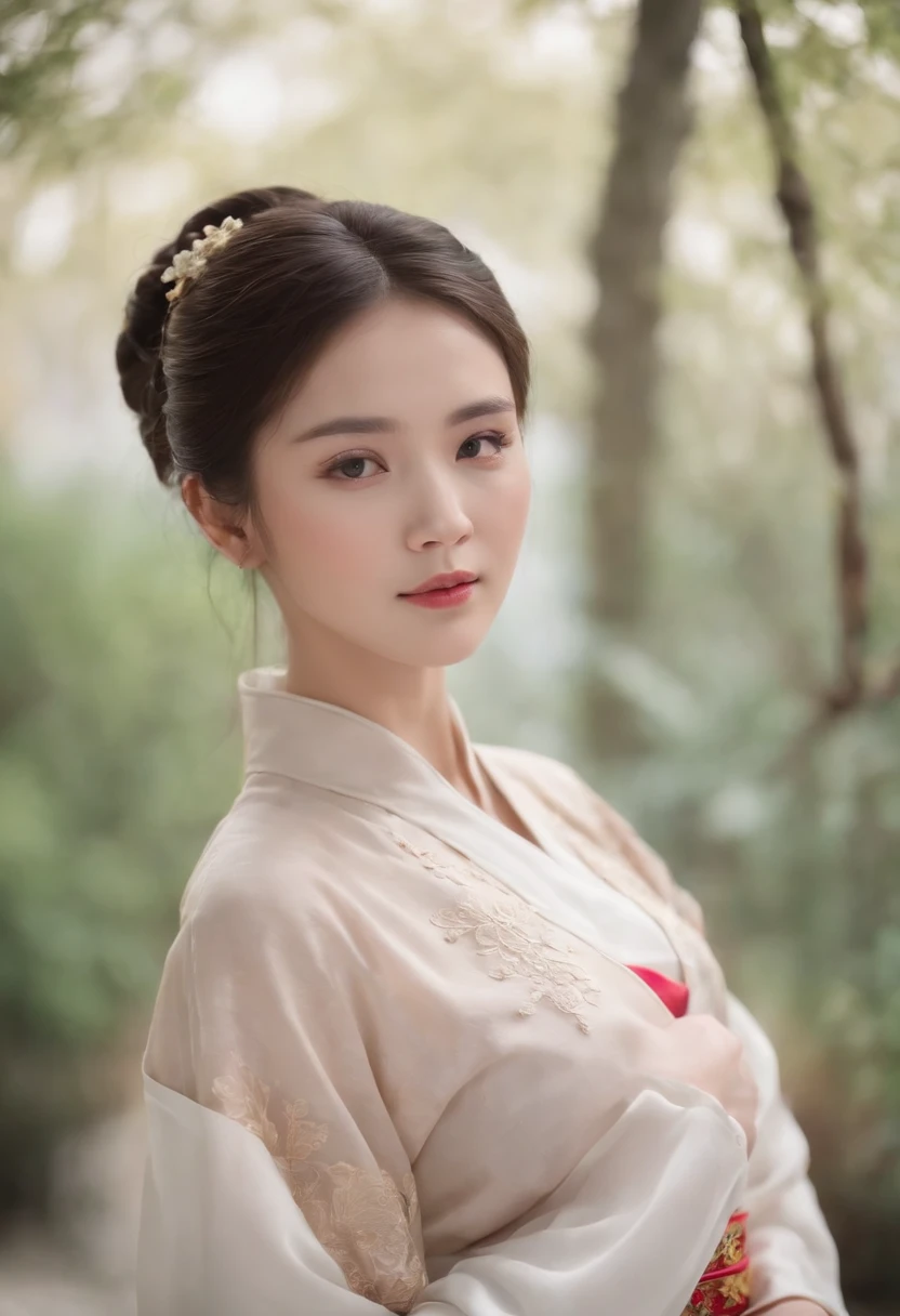Fair complexion, A woman around 19 years old, Natural brunette hair, , Slender and graceful, Beautiful, Light in a Chinese garden setting, super sharp focus, realistic lens, Open Hanfu women's clothing, Four colors (Scar:1.4)exposing her chest,and wear no underwear