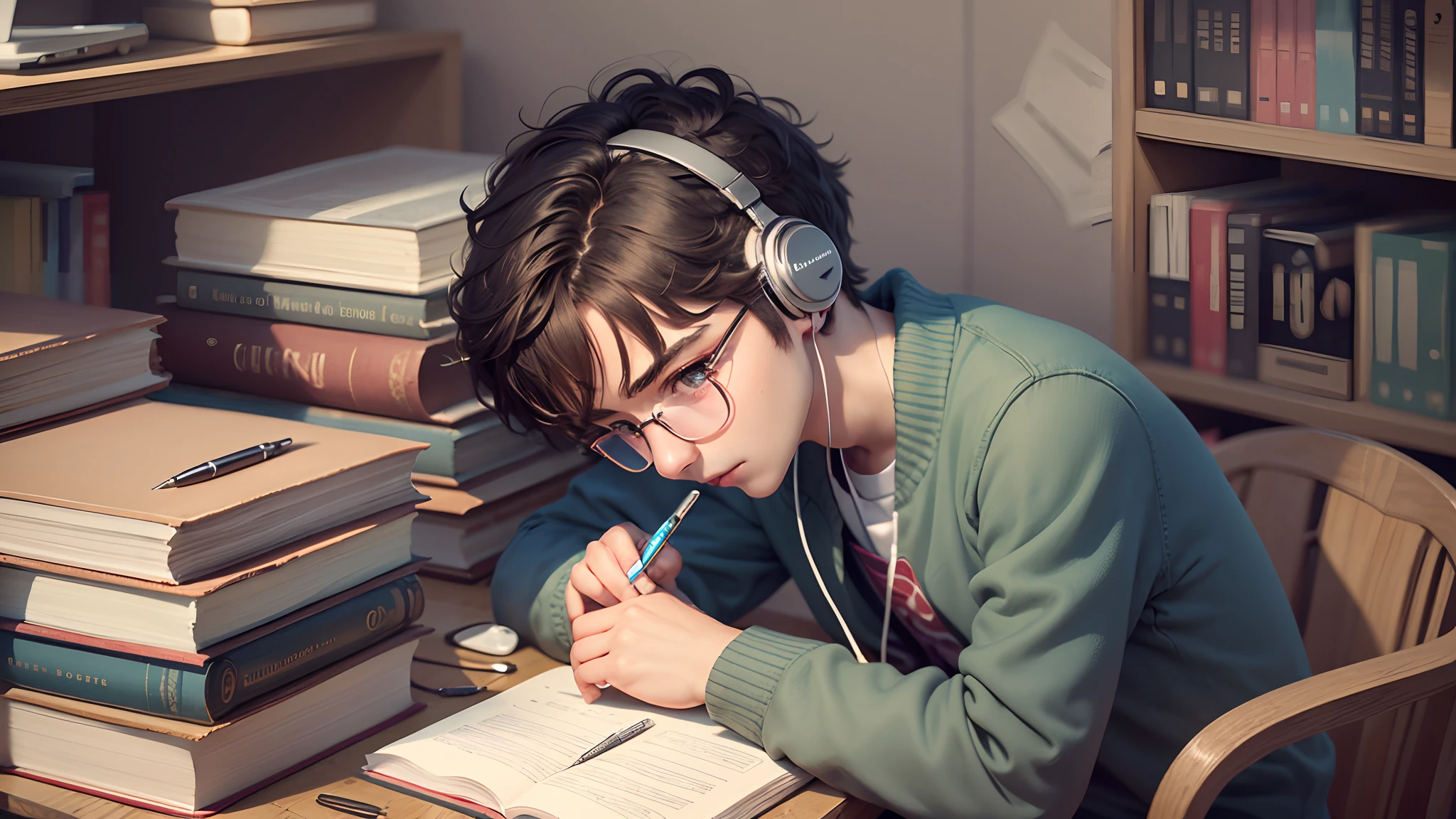 boy, 20s, glasses, sitting in front of computer, studying, pen in hand, headphones, books, notebook, bedroom, --auto --s2
