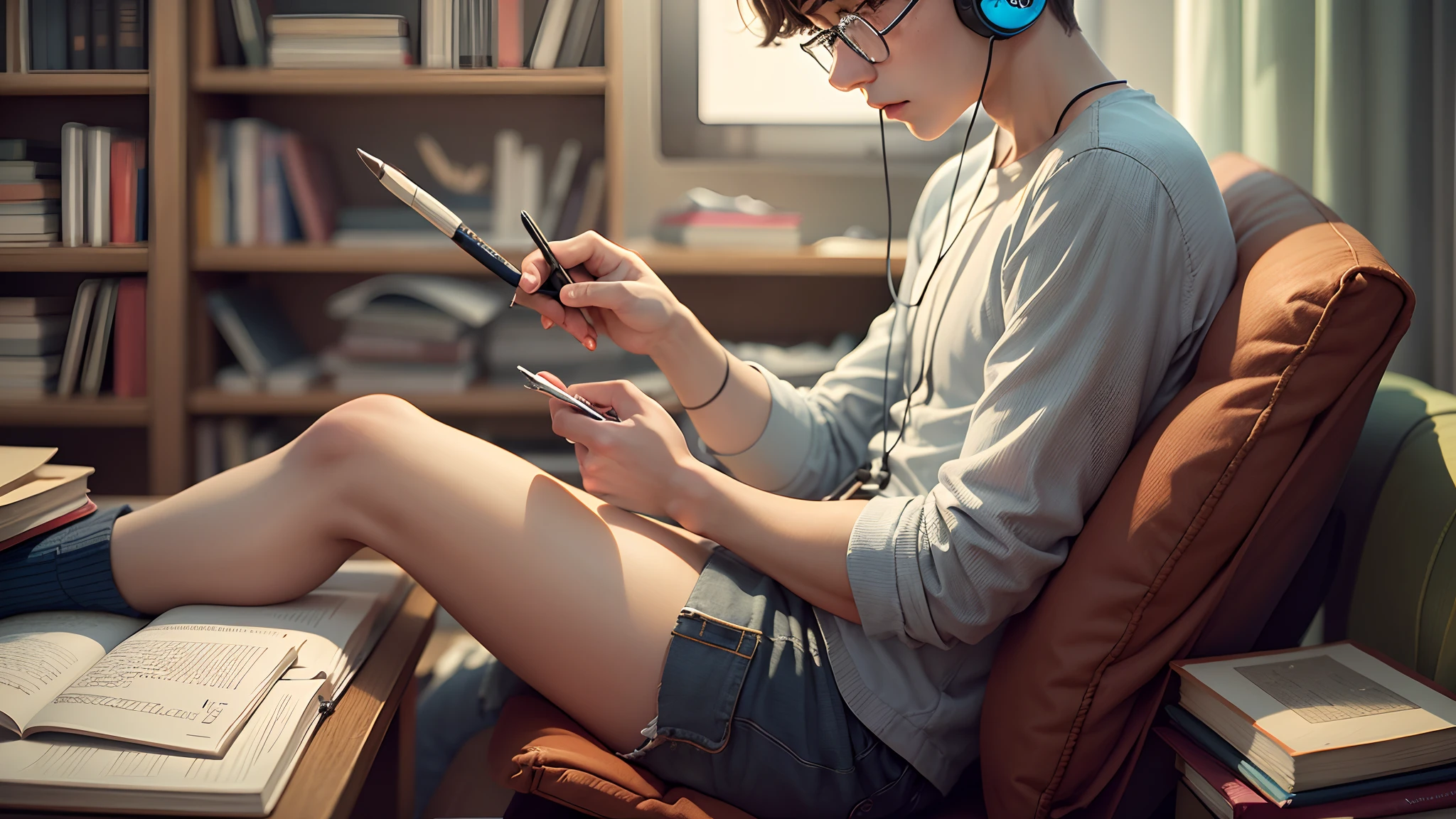 boy, 20s, glasses, sitting in front of computer, studying, pen in hand, headphones, books, notebook, bedroom, --auto --s2