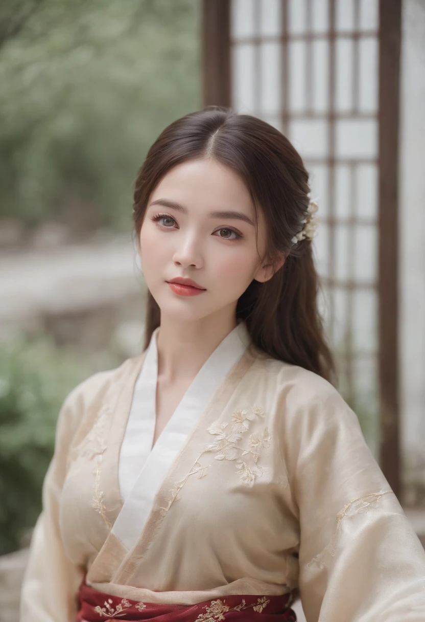 Fair complexion, A woman around 19 years old, Natural brunette hair, , Slender and graceful, Beautiful, Light in a Chinese garden setting, super sharp focus, realistic lens, Transparent Hanfu women's clothing, Four colors (Scar:1.4)exposing her chest，and wear no underwear