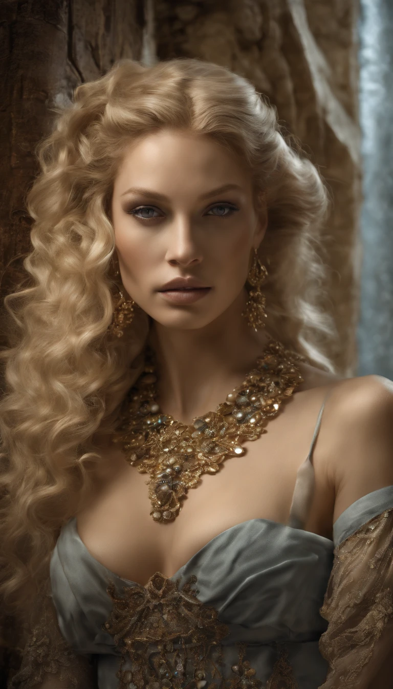 Art by Luciano Ventrone feat Marek Okon under influence of  Alberto Seveso inspired by Albrecht Dürer  , zbrush central contest winner, Photorealistic style full body portrait of embodiment of sensuality and desire, beautiful noble face, Caucasian blonde goddess of sin, gorgeous feminine figure, slim trained body, perfect breast, cubby lips, mystic background, fantasy transparent outfit by Jean Paul Gaultier feat Muccia Prada,  iced blue eyes, a lovely crystal embellished, goddess beautiful body, masterpiece, transparent,(stance:1.1),dramatic lighting