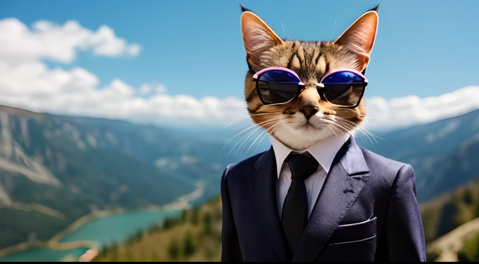 araffe cat wearing a suit and sunglasses on a mountain, looking heckin cool and stylish, fursona wearing stylish clothes, anthropomorphic cat, elegant cat, awesome cat, anthropomorphic female cat, the cat is smiling, in suit with black glasses, funny cat, very stylish, world boss kitten, the cat is walking