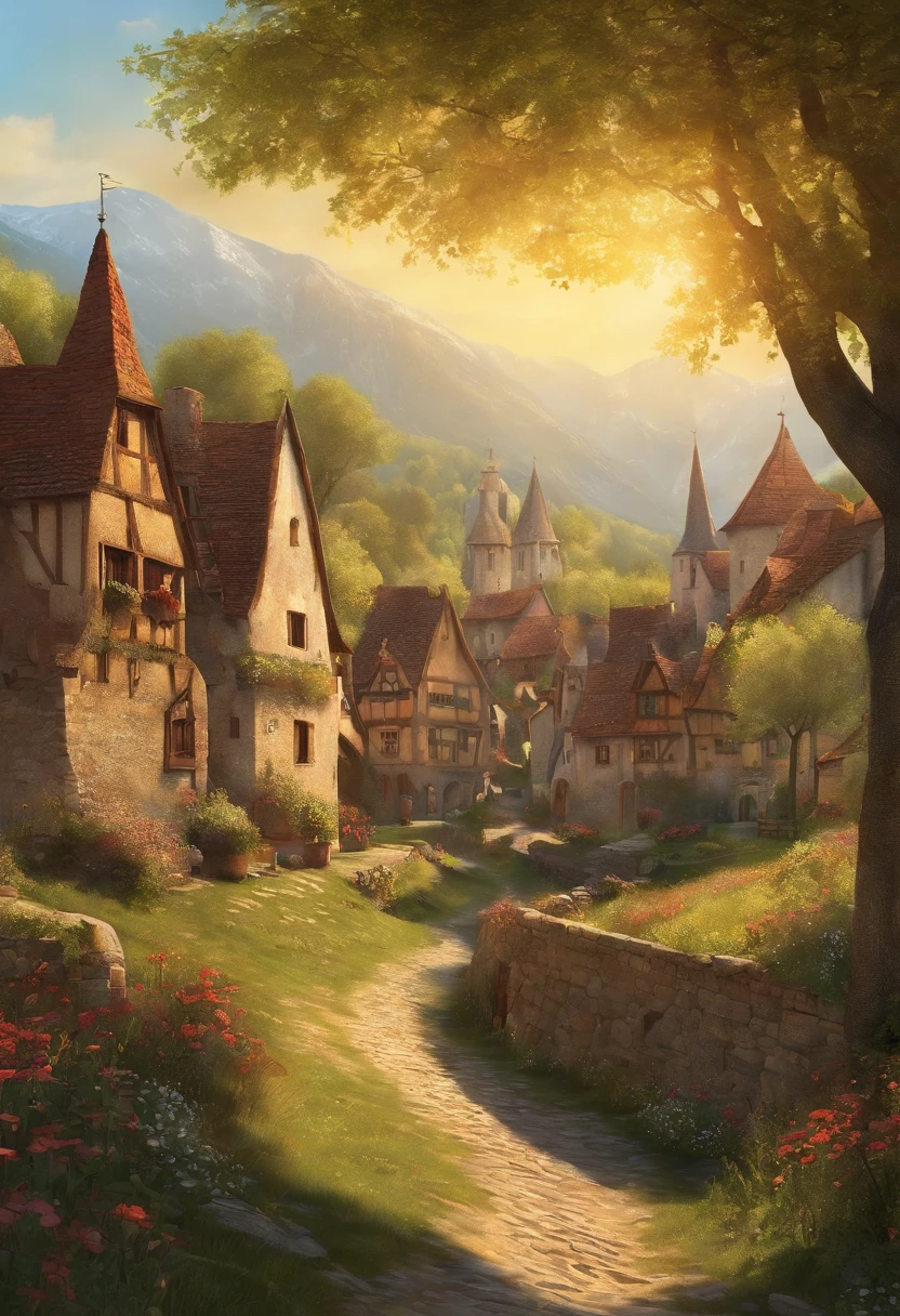 a sunny illustration of a medieval village from the movie