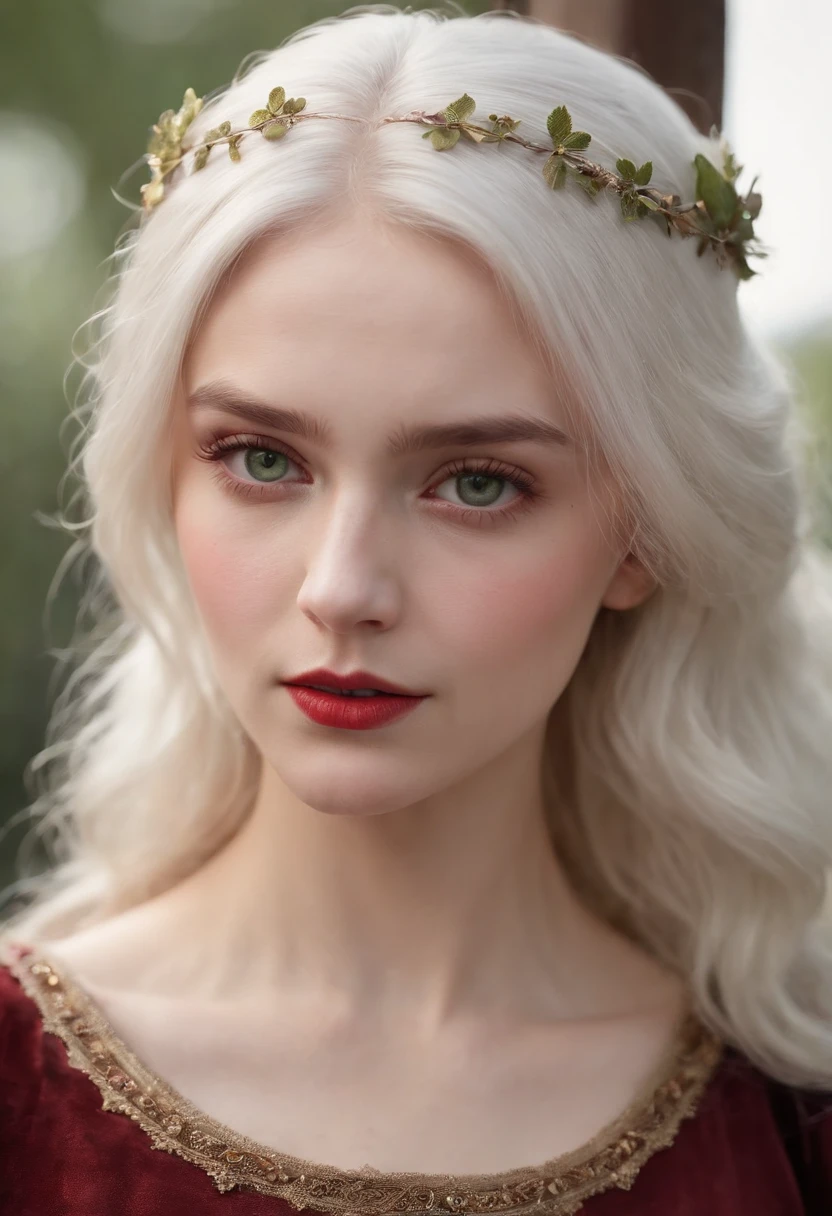 (((a deep reddish wound crosses her left cheek))) fair complexion, woman around 19 years old, natural white hair, distinctive green eyes, wearing kohl, slender and graceful, beautiful, candlelight in a medieval setting, ultra sharp focus, realistic shot, medieval female clothes, tetradic colors (scar:1.4) she must be a valorant agent