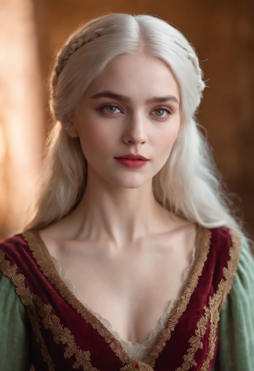 (((a deep reddish wound crosses her left cheek))) fair complexion, woman around 19 years old, natural white hair, distinctive green eyes, wearing kohl, slender and graceful, beautiful, candlelight in a medieval setting, ultra sharp focus, realistic shot, medieval female clothes, tetradic colors (scar:1.4) she must be a valorant agent