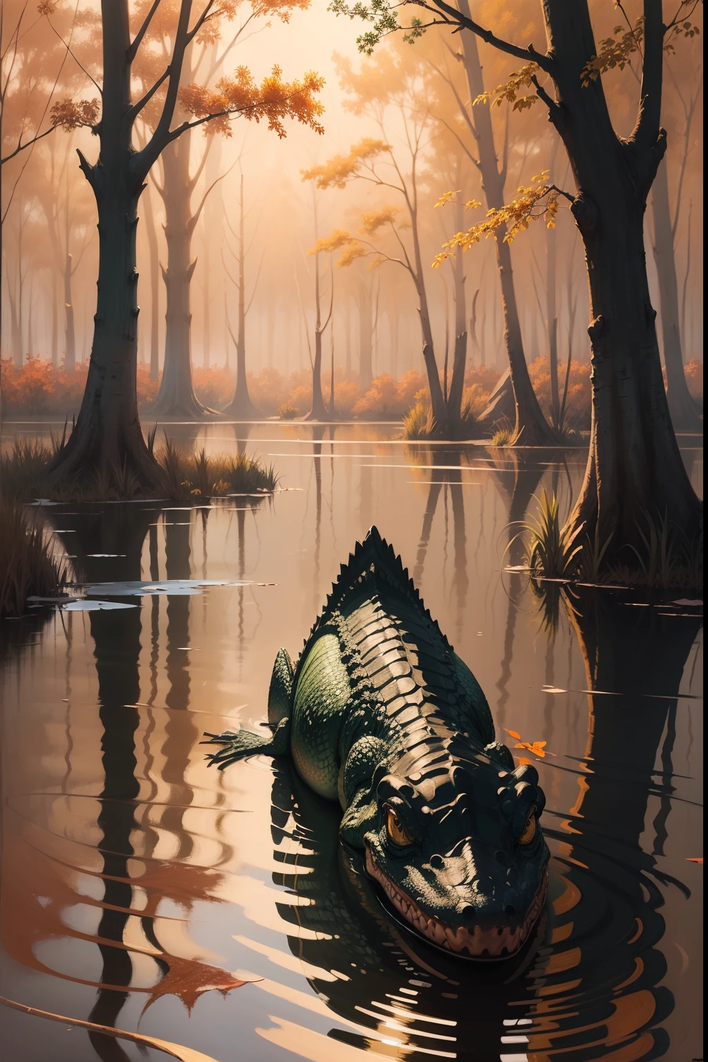 A painting of an alligator in a swamp, autumn, dark afternoon light.