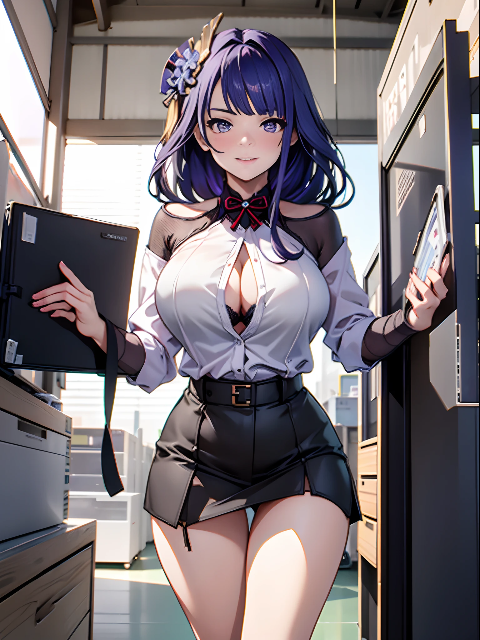 NSFW, 1girll, RAW photo , Best quality , Masterpiece , Photorealistic , Realistic details , Realistic proportions , A detailed face , face round , Whole body , full bodyesbian , Japanese female office worker , A MILF , attractive mature lady , 20yr old, Seductive smile , Curvy , secretary , Very short miniskirt:1.4 , Skirt lift 1.8 , Panty shots:1.2 , a garter belt ,Pantyhose , Spread legs, Transparent blouse:1.5 ,Bra compartment shirt:1.5 ,glistning skin , ,Stand in the warehouse , Dynamic lighting， Extra-large big breasts，Blush，Perfect body slim curves，hair purple，