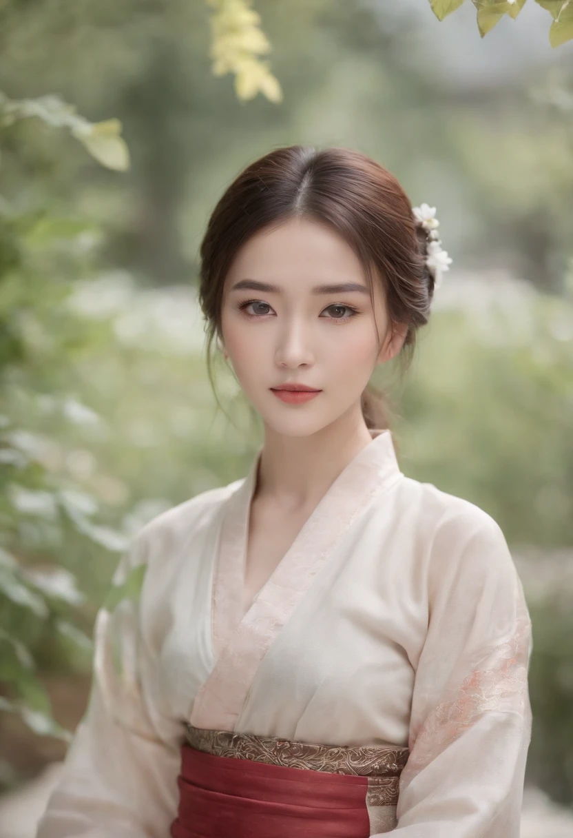 Fair complexion, A woman around 19 years old, Natural brunette hair, , Slender and graceful, Beautiful, Light in a Chinese garden setting, super sharp focus, realistic lens, Transparent Hanfu women's clothing, Four colors (Scar:1.4)exposing her chest,and wear no underwear,Ultra-low cut,Rub your chest with your hands