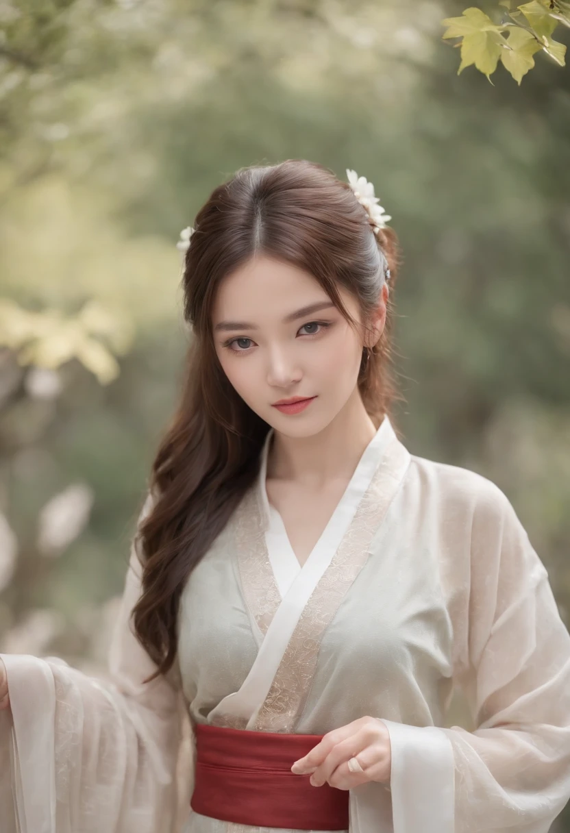 Fair complexion, A woman around 19 years old, Natural brunette hair, , Slender and graceful, Beautiful, Light in a Chinese garden setting, super sharp focus, realistic lens, Transparent Hanfu women's clothing, Four colors (Scar:1.4)exposing her chest，and wear no underwear，Ultra-low cut，Rub your chest with your hands