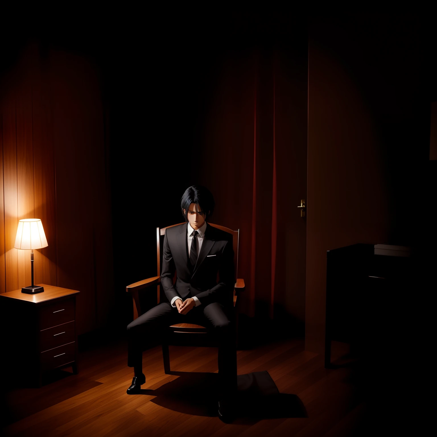 Wooden_chair, Night, bedroom, earopean, male, anime, black_hair, suit, dark_room