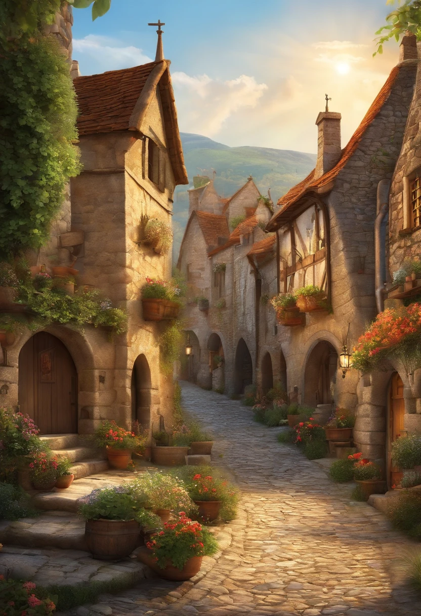 a sunny illustration of a medieval village with stone streets