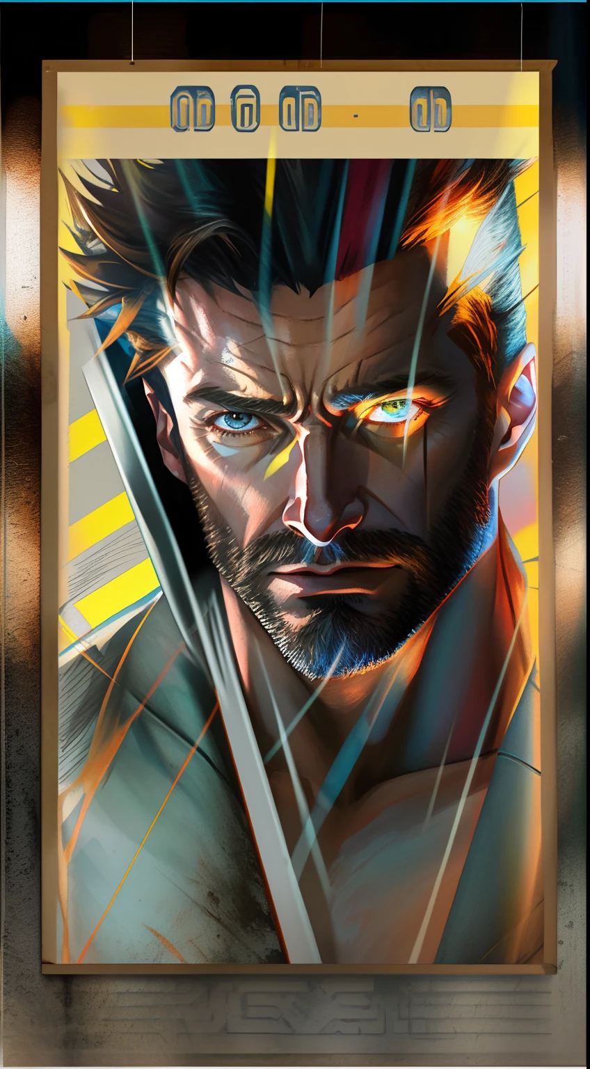 Hugh Jackman as Wolverine, VHS Effect, (Poster: 1.6), Poster on the Wall, Nostalgia, Movie Poster, Portrait, Close-up (Skin Texture), Intricate Detail, Fine Detail, Hyperdetail, Ray Tracing, Subsurface Scattering, Diffuse Soft Light, Shallow Depth of Field, by Oliver Wetter