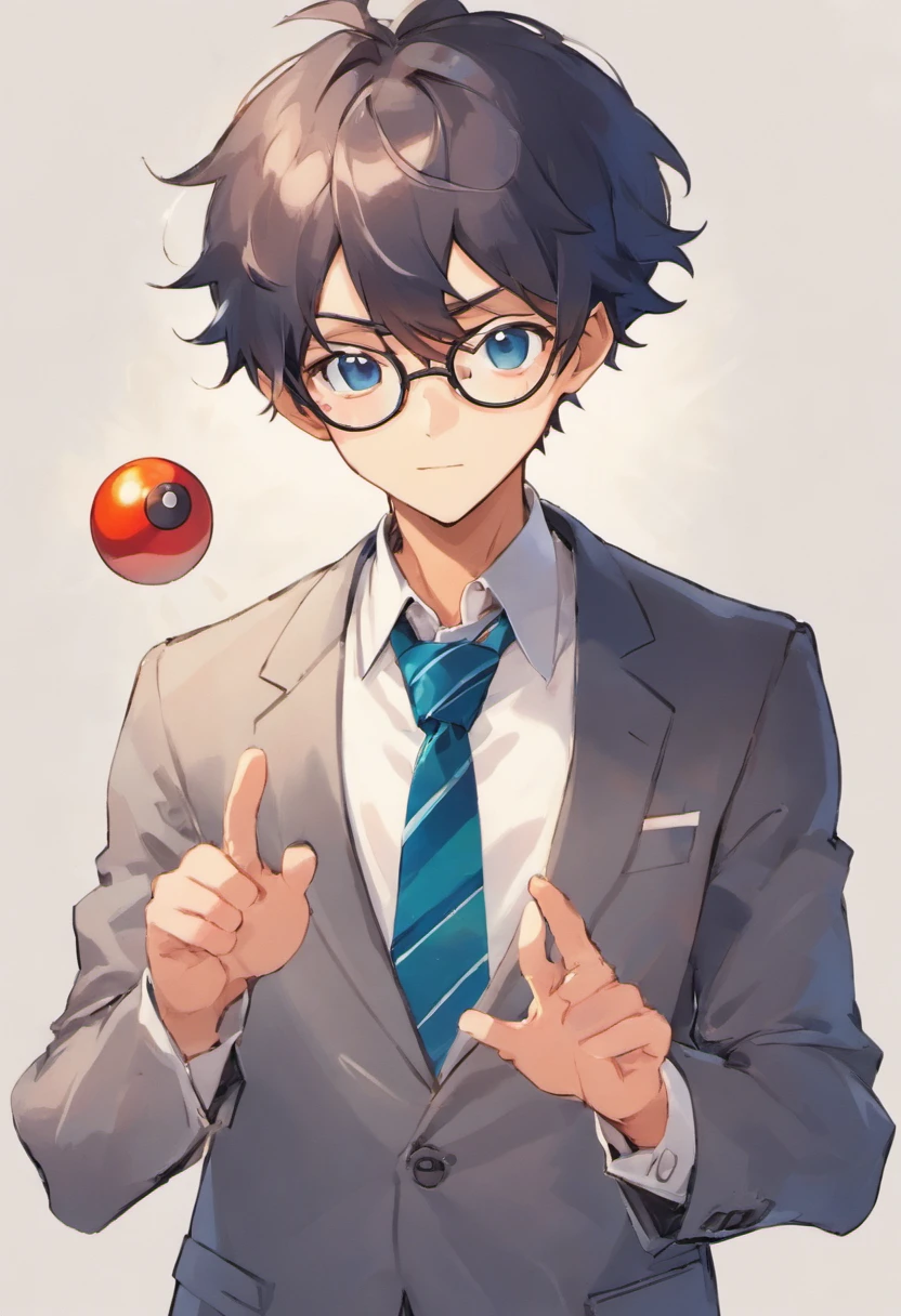Anime boy with glasses and tie looking at the camera, inspirado em Okumura Togyu, anime moe artstyle, Estilo anime 2D, cara de anime alto com olhos azuis, inspirado em Okumura Masanobu,  anime, jovem homem de anime, feito com anime painter studio, [[[[sorrindo malvado]]]], With eye Glasses, holding pokéball in hand