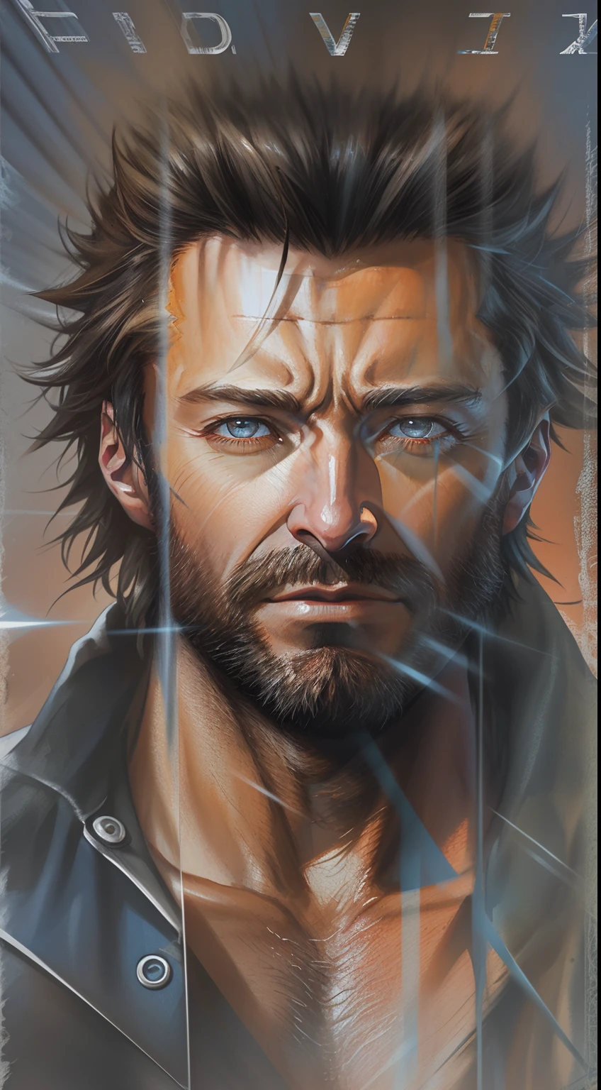 Hugh Jackman as Wolverine, VHS Effect, (Poster: 1.6), Poster on the Wall, Nostalgia, Movie Poster, Portrait, Close-up (Skin Texture), Intricate Detail, Fine Detail, Hyperdetail, Ray Tracing, Subsurface Scattering, Diffuse Soft Light, Shallow Depth of Field, by Oliver Wetter