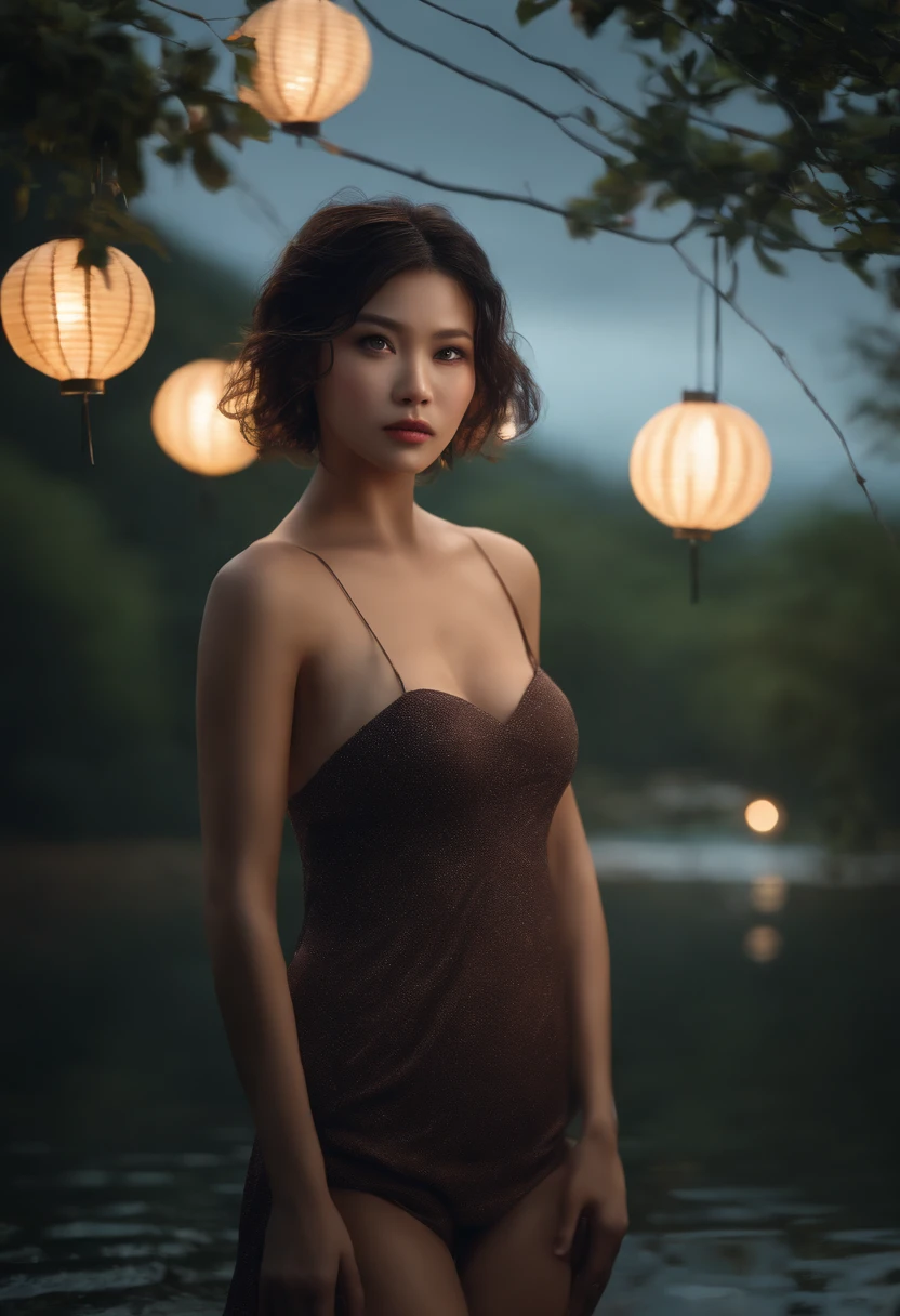 1girl, chesty, moon, lamp, nighttime, single, large boobs, Hair ornaments, wet, No clothes., Wade through the water., Hair flowers, floral, outdoor, sky, full big moon, rain, black hairr, off shoulders, mountain, clouds, holding, bare shoulder, Paper lanterns, stand, night sky, sideboob, obi,wet, smooth, trees, from the front, reflections, Short Hair Hair, Cloudy skies, Wet hair {{(master-piece), (Extreme Detail CG Unity 8K wallpaper),beste-Qualit,,single,1girl,cinematic light,Detailed background,eyes with beautiful details,bright pupils, (Extremely Delicate and Beautiful),(Beautiful and detailed eye description.),lifelike,smirk,Japan girls,supermodel