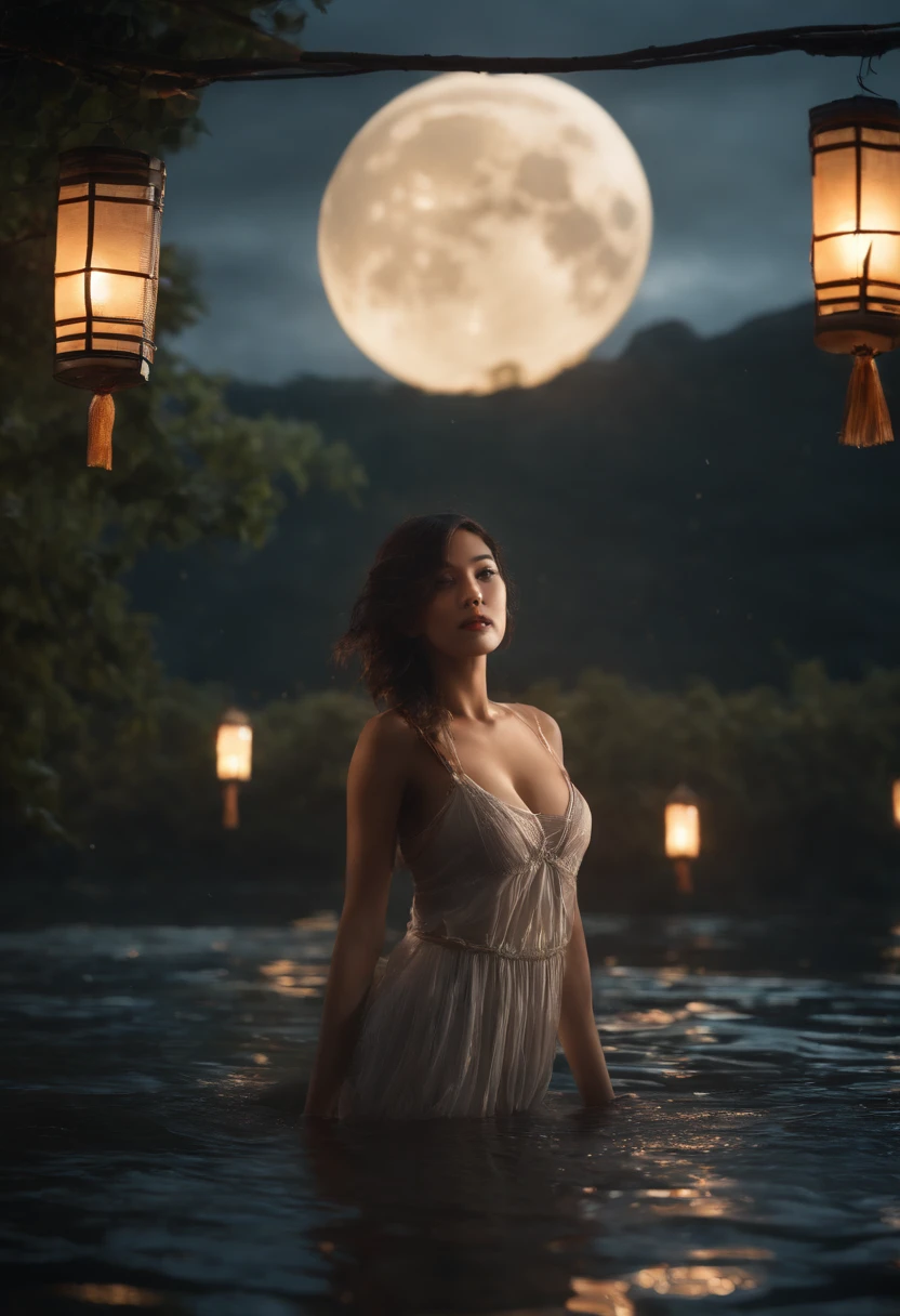1girl, chesty, moon, lamp, nighttime, single, large boobs, Hair ornaments, wet, No clothes., Wade through the water., Hair flowers, floral, outdoor, sky, full big moon, rain, black hairr, off shoulders, mountain, clouds, holding, bare shoulder, Paper lanterns, stand, night sky, sideboob, obi,wet, smooth, trees, from the front, reflections, Short Hair Hair, Cloudy skies, Wet hair {{(master-piece), (Extreme Detail CG Unity 8K wallpaper),beste-Qualit,,single,1girl,cinematic light,Detailed background,eyes with beautiful details,bright pupils, (Extremely Delicate and Beautiful),(Beautiful and detailed eye description.),lifelike,smirk,Japan girls,supermodel