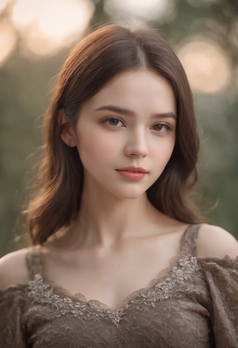 Fair complexion, A female of approximately , Natural brunette hair, , Slender and graceful, , super sharp focus, realistic lens,Expose the lower chest，and wear no underwear，Rub your chest with your hands