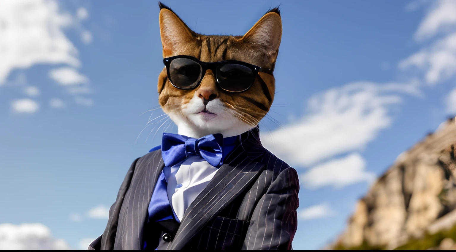 araffe cat wearing a suit and sunglasses on a mountain, looking heckin cool and stylish, fursona wearing stylish clothes, anthropomorphic cat, elegant cat, awesome cat, anthropomorphic female cat, the cat is smiling, in suit with black glasses, funny cat, very stylish, world boss kitten, the cat is walking