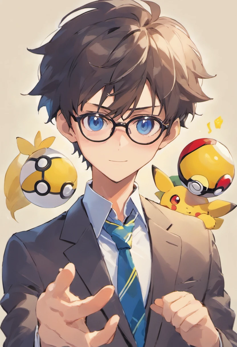 Anime boy with glasses and tie looking at the camera, inspirado em Okumura Togyu, anime moe artstyle, Estilo anime 2D, cara de anime alto com olhos azuis, inspirado em Okumura Masanobu, menino anime, jovem homem de anime, feito com anime painter studio, [[[[sorrindo malvado]]]], With eye Glasses, Holding Pokéball in Realistic Hand