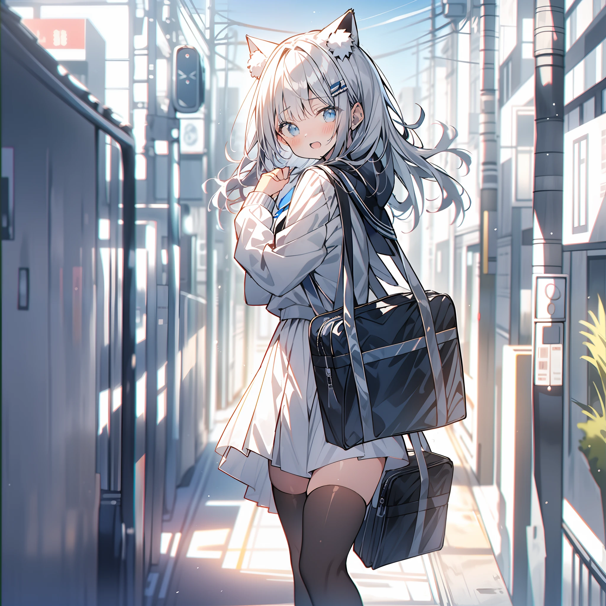 tmasterpiece,best qualtiy,one-girl,small curvaceous ,White hair,blue colored eyes,There are cute hair accessories,White hooded sweatshirt,Cute to the extreme girl face,Cute to the extreme girl Lori,white stockings,wearing headphone,backpacks,cat ear,Hands in your pockets