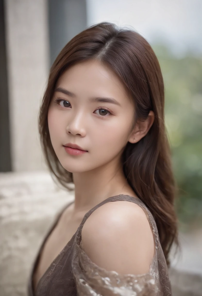 Fair complexion, A Chinese woman of about 16 years old, Natural brunette hair, , Slender and graceful, , super sharp focus, realistic lens,Expose the lower chest