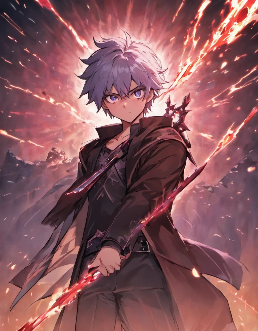 Aquele trevo preto, personagem de anime com olhos vermelhos e uma jaqueta vermelha, Nagito Komaeda, Coringa se parece com Naruto, Gatilho Estilo de Arte de Anime, Arte Digital por Danganronpa, Coringa como Naruto, ((vermelho)) olhos baggy, Nagito Komaeda de Danganronpa, [[[[sorrindo malvado]]]], Estilo de Arte Demon Slayer, In this epic scene, imagem um protagonista Noah Taylor, de , de cabelos brancos e olhos vermelhos intensos, facing the villainous Lucy on a devastated battlefield. Noah empunha sua Espada da Luz e Sombra, a silver blade with black leather handle, that glows brightly when your magic bracelet is activated. Their black wings are spread, highlighting its imposing presence. Your expression is determined, reflecting courage and concentration. No lado oposto, Lucia, the villain, veste trajes escuros e poderosos, com uma aura sombria evidente em seus olhos brilhantes. The dark energies around you form a menacing aura. Noah and Lucy are in an intense and dynamic confrontation. Sparks fly from the collisions of their swords, and rays of magical energy cut through the air. O solo rachado testemunha a intensidade da batalha. The sky above is dyed red and purple, refletindo a intensidade e a magia do embate. The dramatic lighting enhances its features and the tense atmosphere. This scene represents the apex of the story, where the fate of Noah and Lucy is decided. Must convey emotion, Action and emotional depth, telling a captivating and stunning visual story, that resonates with the audience.