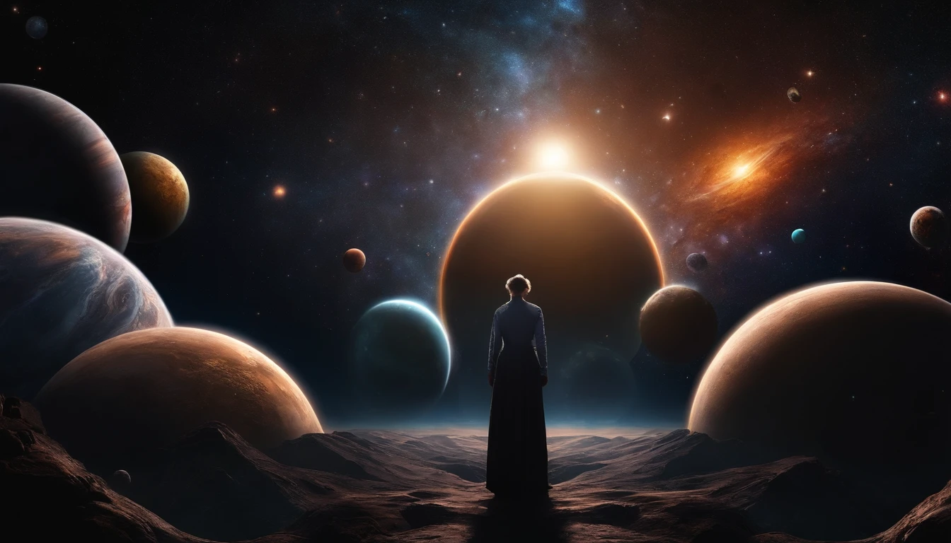 alta qualidade, 8k ultra hd |, A man before a space full of planets, cosmic enlightenment, no plano astral, universo estrelado e colorido, various planets