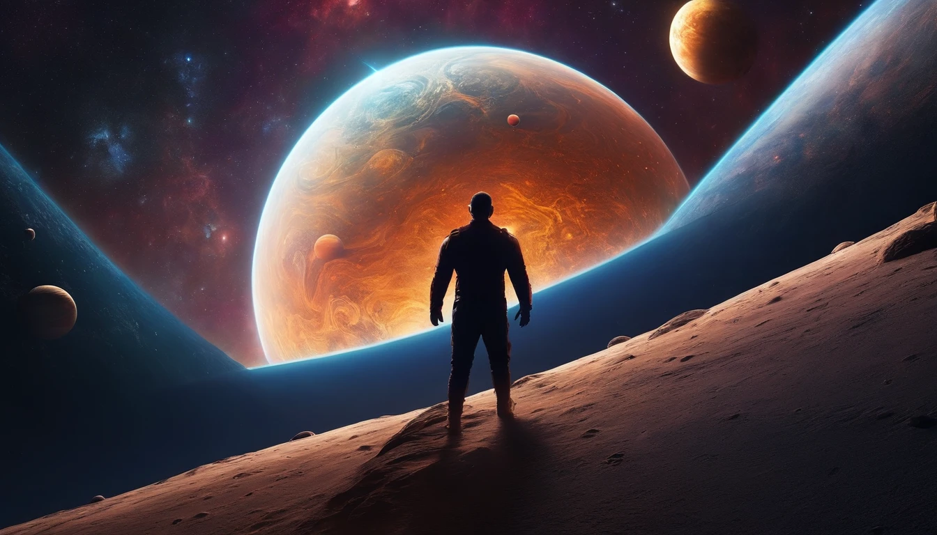 alta qualidade, 8k ultra hd |, A man before a space full of planets, cosmic enlightenment, no plano astral, universo estrelado e colorido, various planets