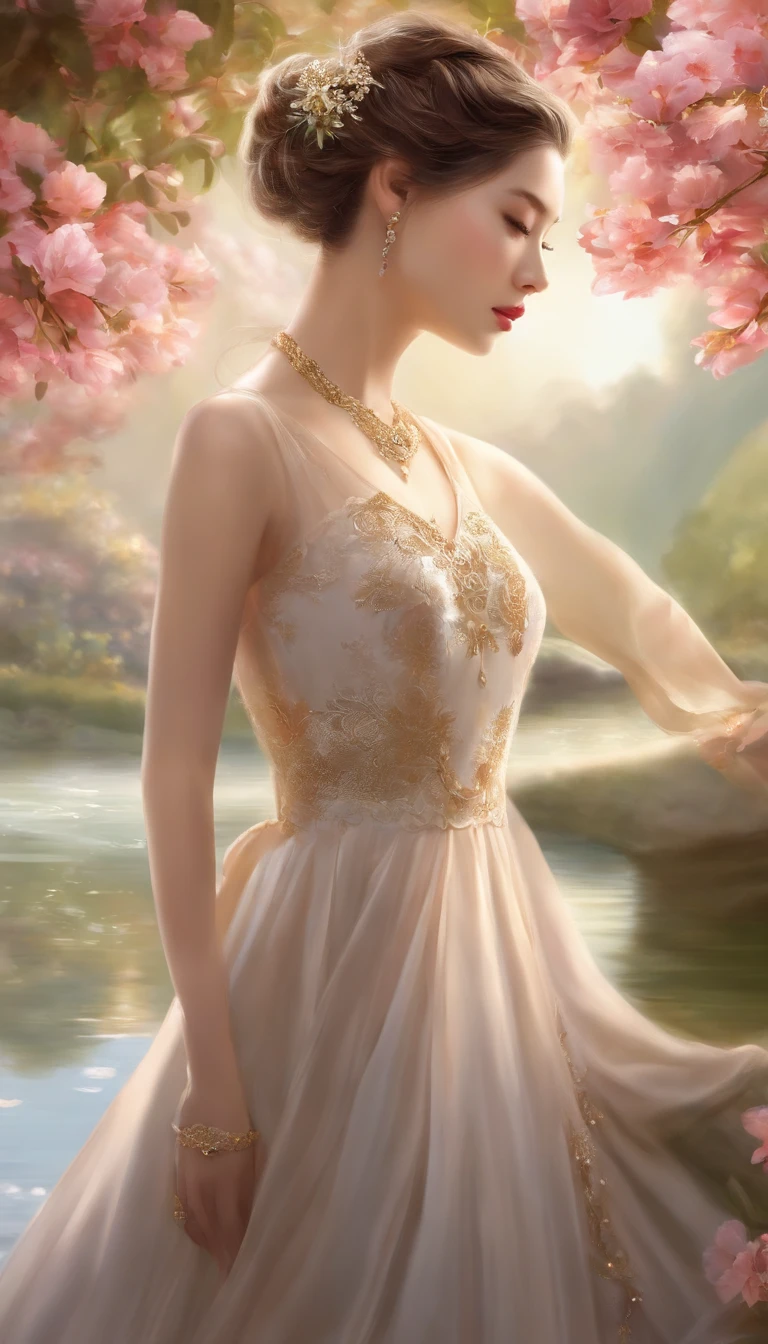 {{16K illustration,Great masterpiece, Best quality,}}, {{The style of England in the 1980s,Ray tracing ,Best illumination, Best shadow, Highly detailed skin,Colorful glitter,highly details eye ,dynamic angle,Highly detailed face ,Reflective eyes ,reflective hair,highly detailed hair,Extremely delicate and beautiful stars,On the water}},Dramatic angle,{{Nature,Cute face,}},{full bloom},{painting of beautiful},{{{gradation hair,pigtail hair,Bun hair,glossy eyes,Watery eyes ,Long eyelashes,Beautiful eye shadows}}},{{intricately details}},Solo,{ chinese girl :Fairy hybrid,} {{Beautiful and delicate fabric,Wedding dress}},Seductive smile,{{{{view the viewer,Bust}}}},{{{{{arms back behind}}}}},{{{{Rose,Golden lotus,}}}},{Beautiful face painting}