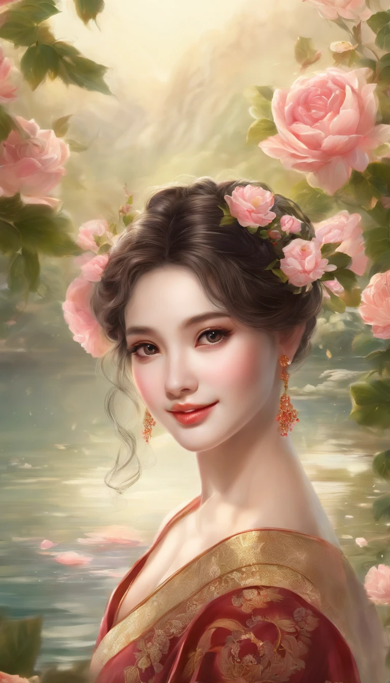 {{16K illustration,Great masterpiece, Best quality,}}, {{The style of England in the 1980s,Ray tracing ,Best illumination, Best shadow, Highly detailed skin,Colorful glitter,highly details eye ,dynamic angle,Highly detailed face ,Reflective eyes ,reflective hair,highly detailed hair,Extremely delicate and beautiful stars,On the water}},Dramatic angle,{{Nature,Cute face,}},{full bloom},{painting of beautiful},{{{gradation hair,pigtail hair,Bun hair,glossy eyes,Watery eyes ,Long eyelashes,Beautiful eye shadows}}},{{intricately details}},Solo,{ chinese girl :Fairy hybrid,} {{Beautiful and delicate fabric,Wedding dress}},Seductive smile,{{{{view the viewer,Bust}}}},{{{{{arms back behind}}}}},{{{{Rose,Golden lotus,}}}},{Beautiful face painting}