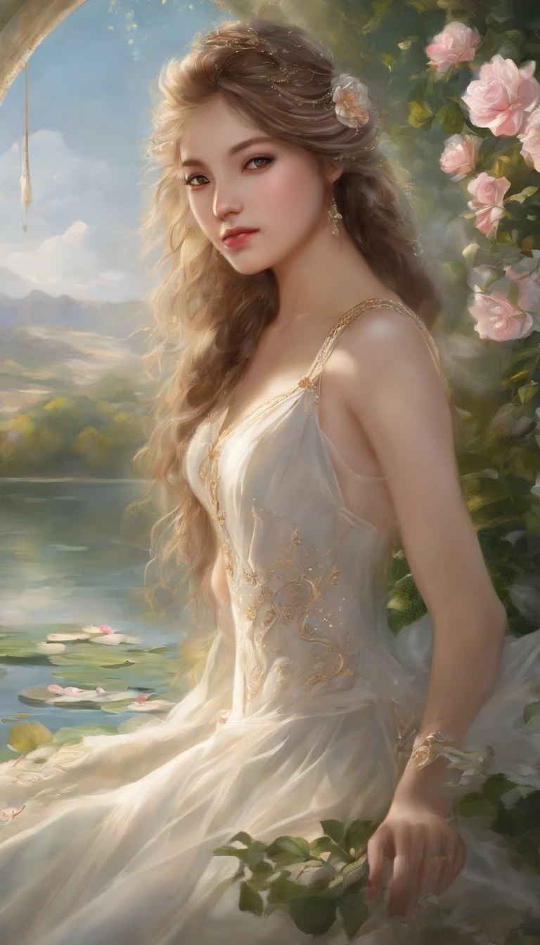 {{16K illustration,Great masterpiece, Best quality,}}, {{The style of England in the 1980s,Ray tracing ,Best illumination, Best shadow, Highly detailed skin,Colorful glitter,highly details eye ,dynamic angle,Highly detailed face ,Reflective eyes ,reflective hair,highly detailed hair,Extremely delicate and beautiful stars,On the water}},Dramatic angle,{{Nature,Cute face,}},{full bloom},{painting of beautiful},{{{gradation hair,pigtail hair,Bun hair,glossy eyes,Watery eyes ,Long eyelashes,Beautiful eye shadows}}},{{intricately details}},Solo,{ chinese girl :Fairy hybrid,} {{Beautiful and delicate fabric,Wedding dress}},Seductive smile,{{{{view the viewer,Bust}}}},{{{{{arms back behind}}}}},{{{{Rose,Golden lotus,}}}},{Beautiful face painting}