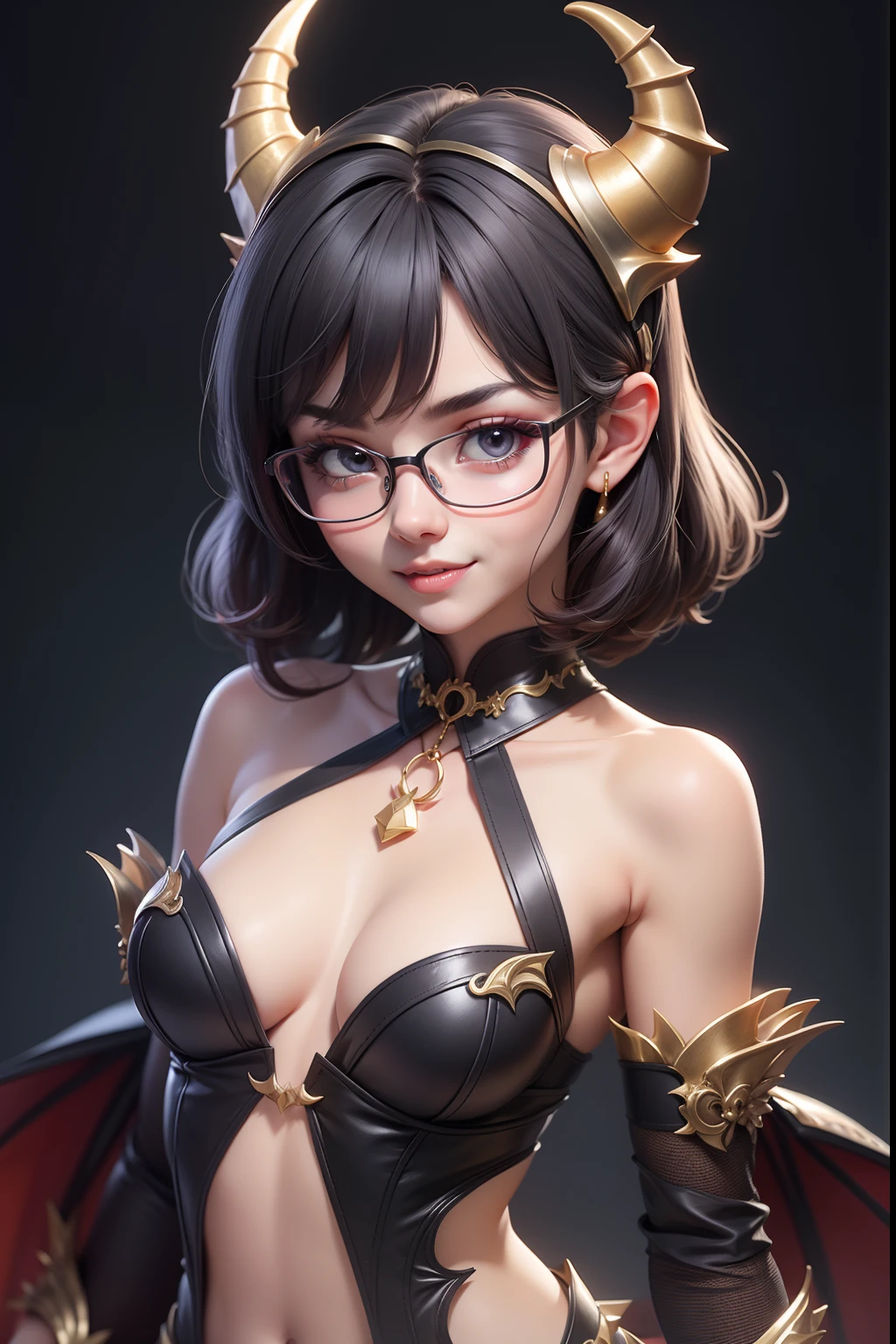 1 cute dragon race. girl (18yo) glasses, dark eyes, upper body, slim waist, natural small breast, sexy pose, seductive expression, bangs, random hairstyle, cleavage, navel, collar, collarbone, off shoulder, seductive smile, wear intricately detail hot and sexy outfit, dragon costume, ice color, wear unique helmet, random light color, upper body. flat gray color for background