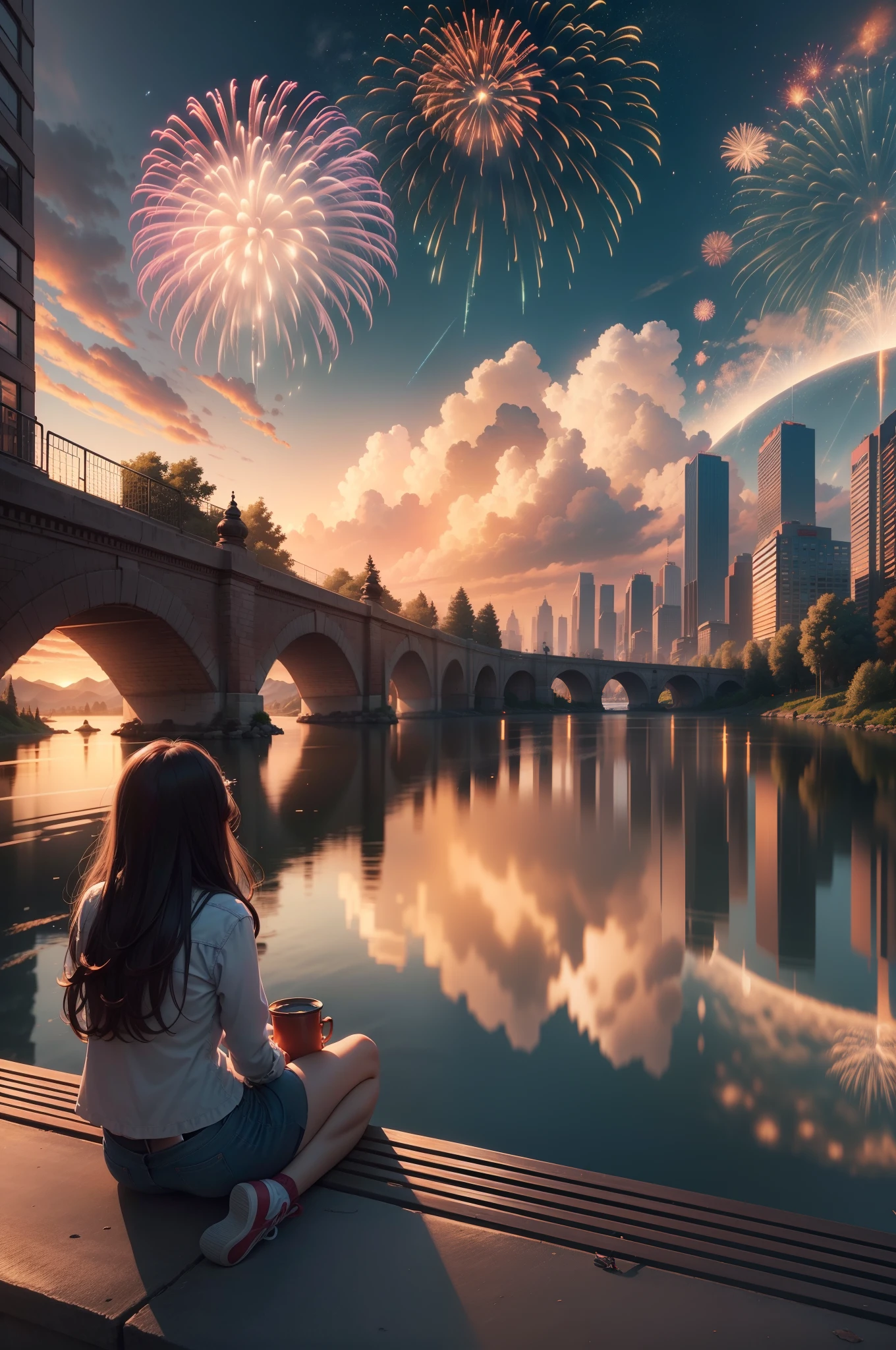 A girl sits on a bridge not far away,evening sky,A lot of clouds(The sun shines on the clouds),Lots of lanterns,Mountains and cities in the distance,Lots of fireworks in the sky,In front of it is a river(Fireworks blooming in the sky are reflected in the river),Trees nearby,Flowers nearby,The overall light is darker,ray tracing, reflection light, vignetting, UHD, super detail, high details, 8k
