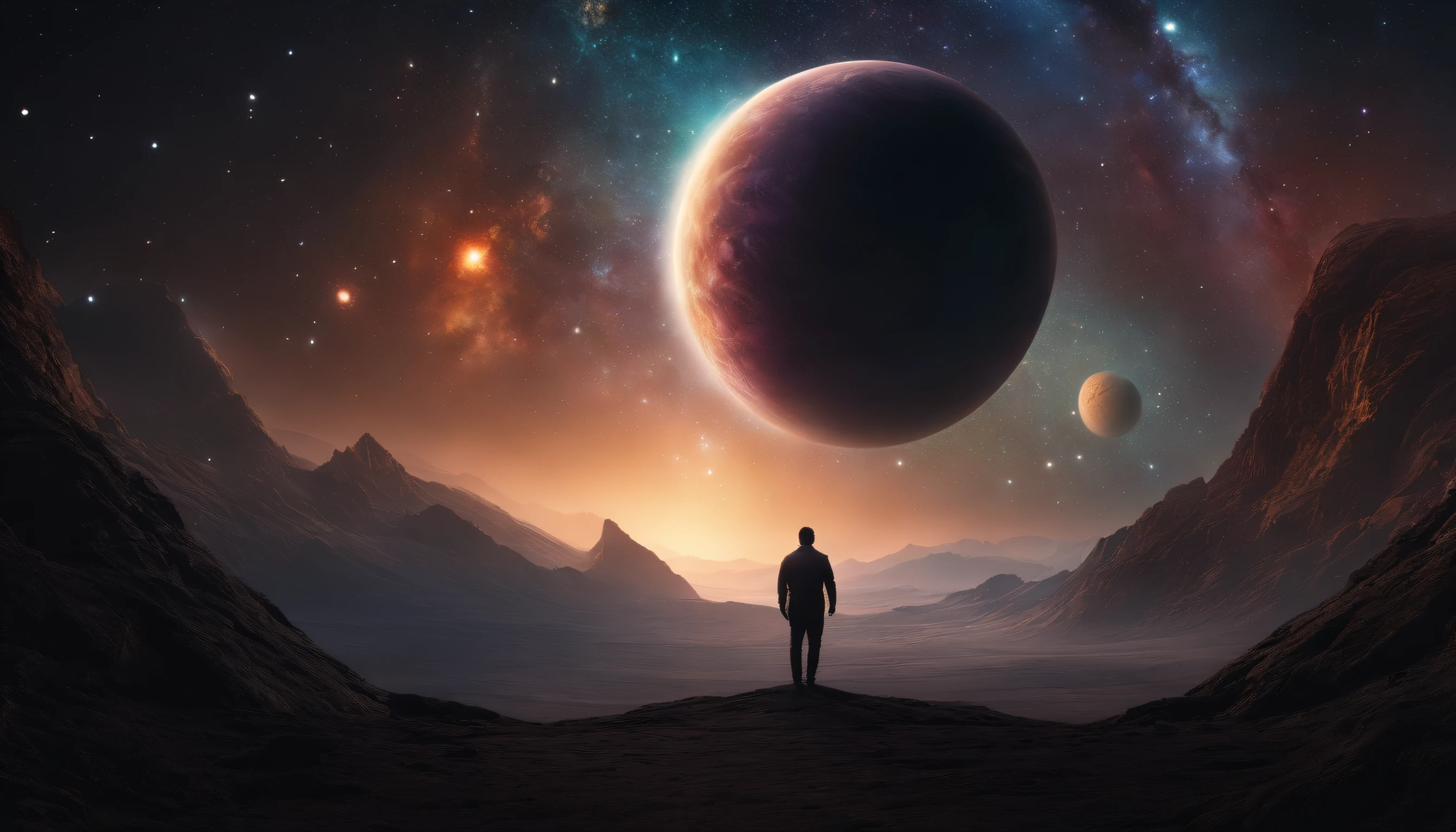 alta qualidade, 8k ultra hd |, A man before a space full of planets, cosmic enlightenment, no plano astral, universo estrelado e colorido, various planets