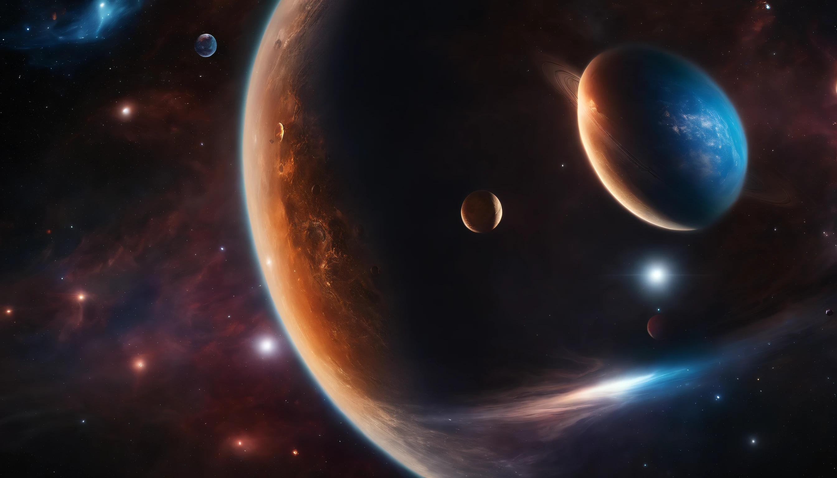 alta qualidade, 8k ultra hd |, A man before a space full of planets, cosmic enlightenment, no plano astral, universo estrelado e colorido, various planets