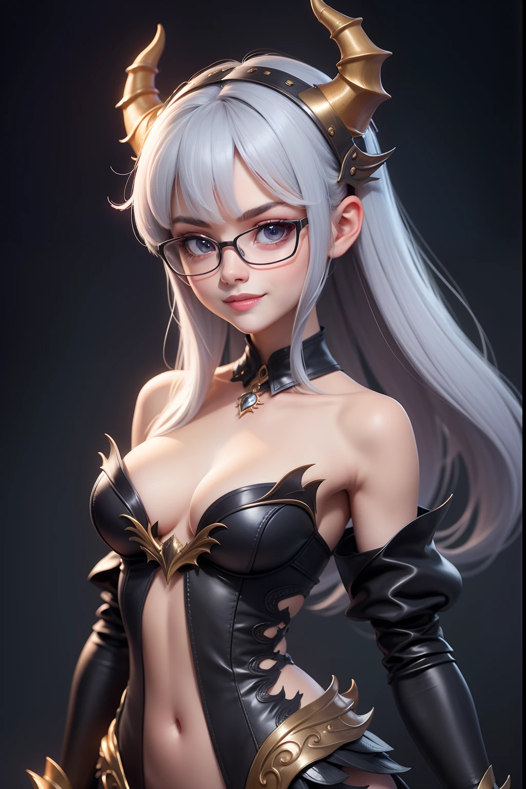 1 cute dragon race. girl (18yo) glasses, dark eyes, upper body, slim waist, natural small breast, sexy pose, seductive expression, bangs, random hairstyle, cleavage, navel, collar, collarbone, off shoulder, seductive smile, wear intricately detail hot and sexy outfit, dragon costume, ice color, wear unique helmet, random light color, upper body. flat gray color for background