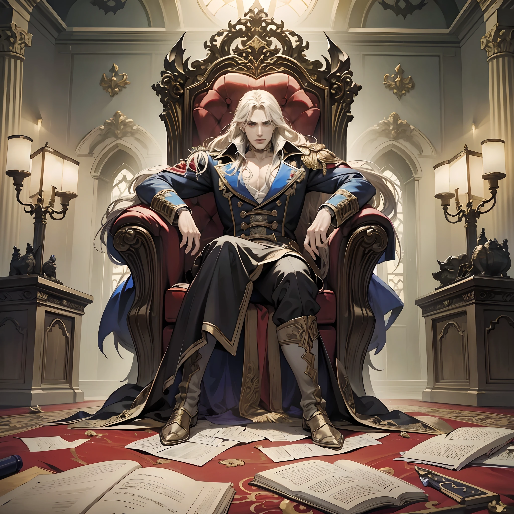 Castlevania Shadow Lord hyper realistic super detailed Dynamic shot masterpiece cinematic scene sitting in his big legendary throne with his men surrounding him hyper realistic super detailed cinematic scenes movie Epic Legendary
