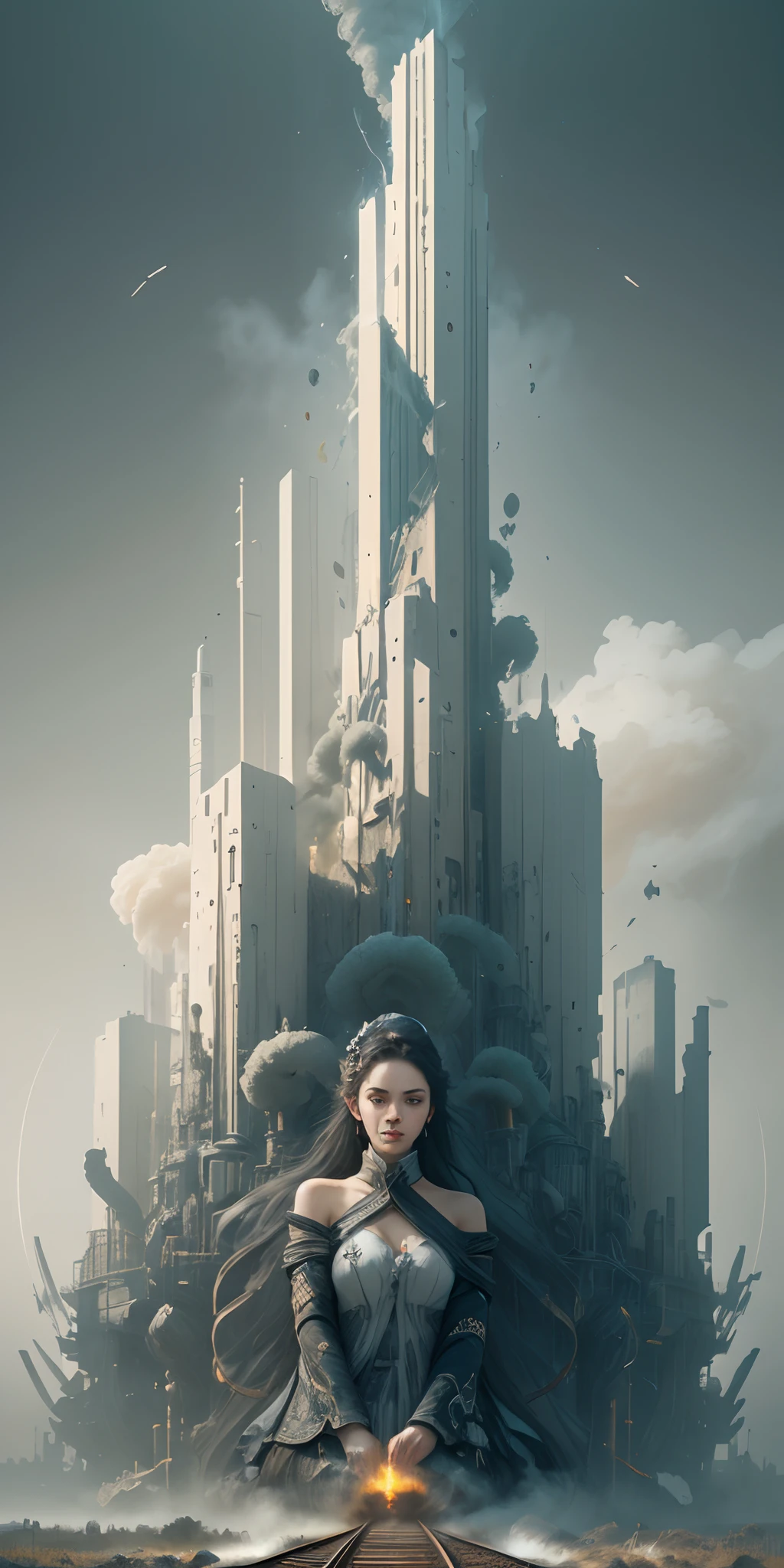 intricate detailed insanely beautiful black woman, melting wax, mycelia, abstract expressionism,white and black color scheme, surrealism, ruan jia, white background,fantasy, hyper detailed, concept art, by edmund dulac,and cy twombly and irakli nadar,by jackson pollock, isometric, digital art, smog, pollution, toxic waste, chimneys and railroads, 3 d render, octane render, volumetrics, by greg rutkowski --auto --s2
