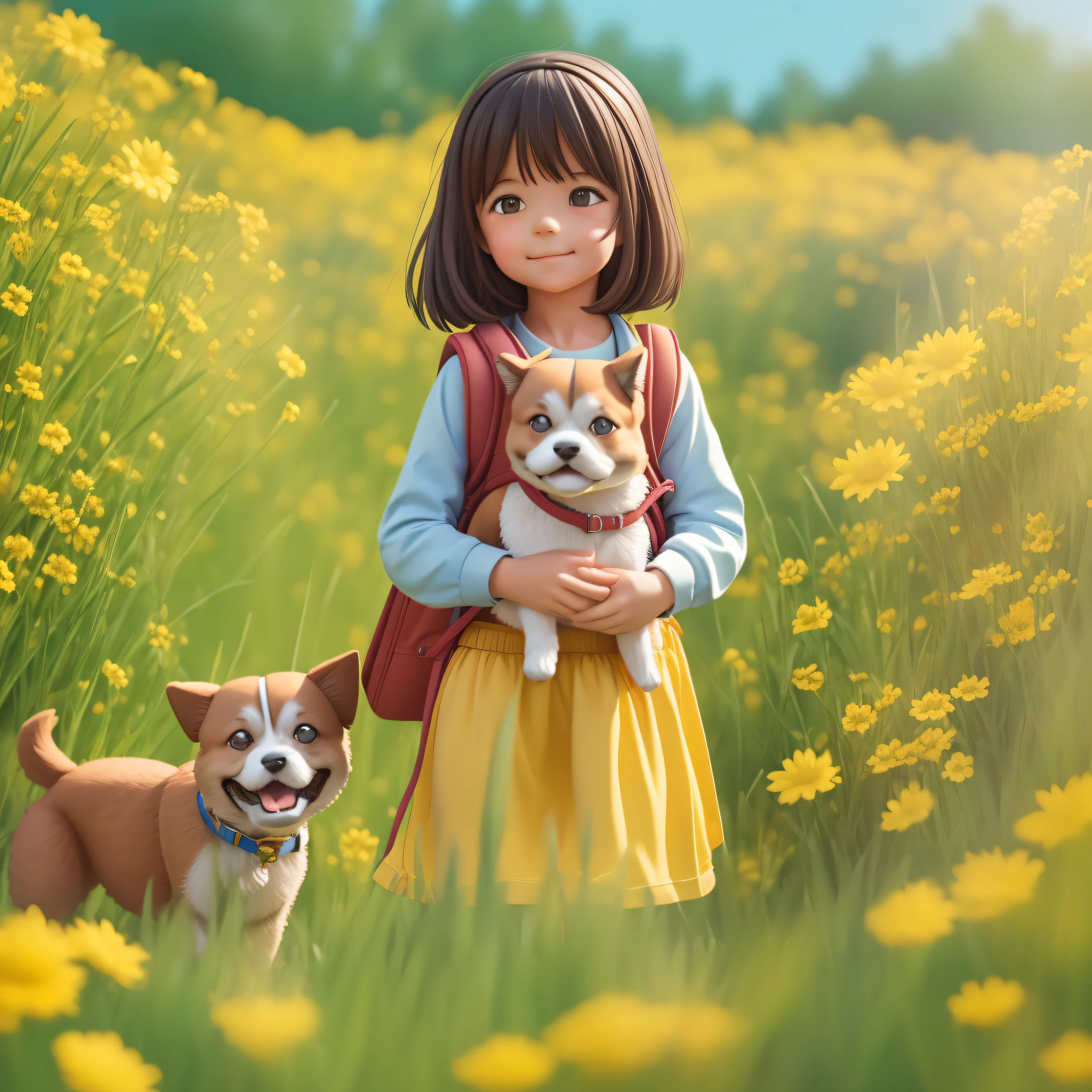 A very charming little girl with a backpack and her cute little dog enjoying a lovely spring outing surrounded by beautiful yellow flowers and nature. The illustration is a high-definition illustration in 4K resolution with highly detailed facial features and cartoon-style visuals.