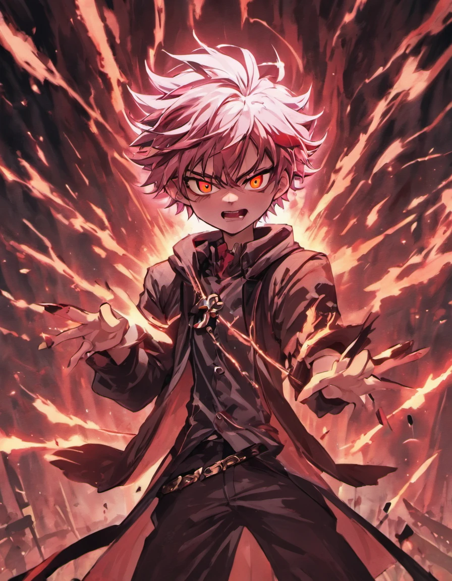 Aquele Trevo Preto, personagem de anime com olhos vermelhos e uma jaqueta vermelha, Nagito Komaeda, Coringa se parece com Naruto, Gatilho Estilo de Arte de Anime, Arte Digital por Danganronpa, Coringa como Naruto, ((vermelho)) olhos baggy, Nagito Komaeda de Danganronpa, [[[[sorrindo malvado]]]], Estilo de arte de Demon Slayer, asas negras grandes, In this epic scene, imagem um protagonista Noah Taylor, de 16 anos, de cabelos brancos e olhos vermelhos intensos, facing the villainous Lucy on a devastated battlefield. Noah empunha sua Espada da Luz e Sombra, a silver blade with black leather handle, that glows brightly when your magic bracelet is activated. Their black wings are spread, highlighting its imposing presence. Your expression is determined, reflecting courage and concentration. No lado oposto, Lucia, the villain, veste trajes escuros e poderosos, com uma aura sombria evidente em seus olhos brilhantes. The dark energies around you form a menacing aura. Noah and Lucy are in an intense and dynamic confrontation. Sparks fly from the collisions of their swords, and rays of magical energy cut through the air. O solo rachado testemunha a intensidade da batalha. The sky above is dyed red and purple, refletindo a intensidade e a magia do embate. The dramatic lighting enhances its features and the tense atmosphere. This scene represents the apex of the story, where the fate of Noah and Lucy is decided. Must convey emotion, Action and emotional depth, telling a captivating and stunning visual story, that resonates with the audience.