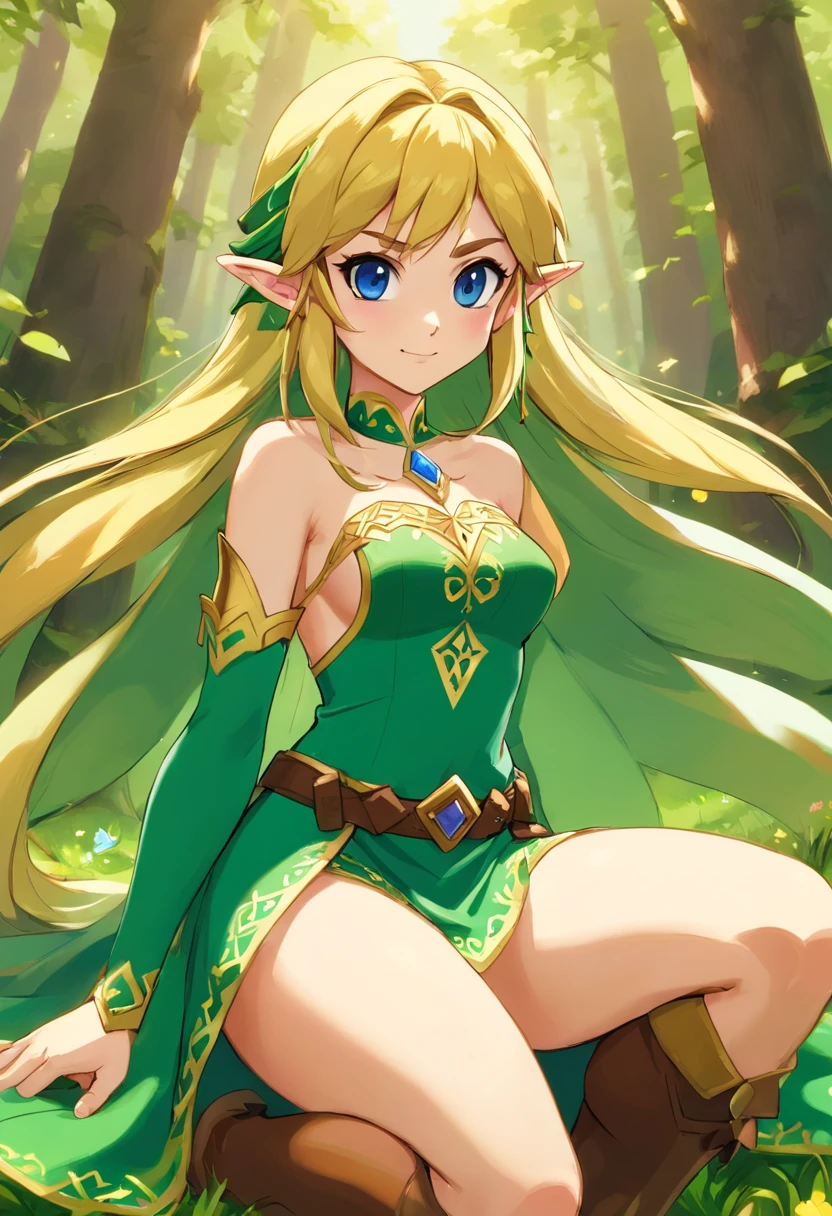 Princess Zelda, showing big ass, half naked, forest background. Smiling.