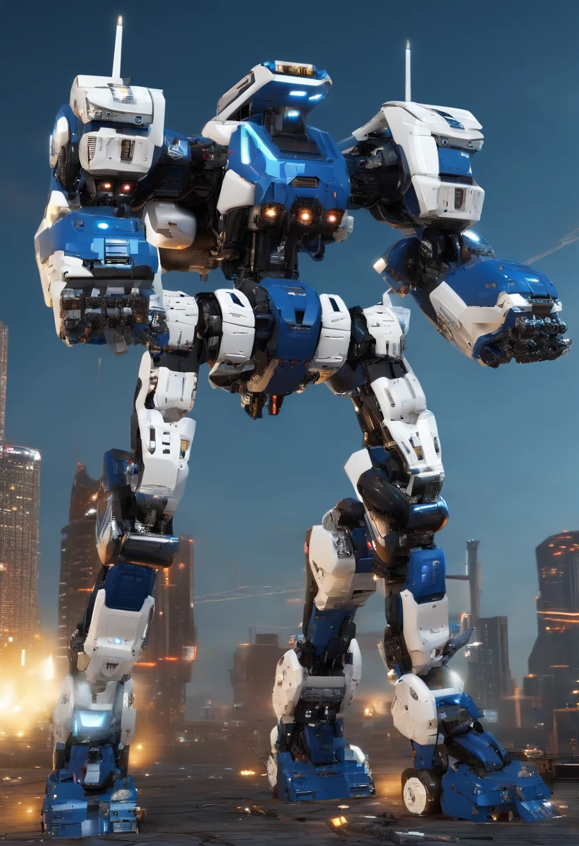 giant humanoid robot, battletech style, multibarrel rocket launchers, (arms replaced with weapons:1.7), masterpiece, blue and white colors