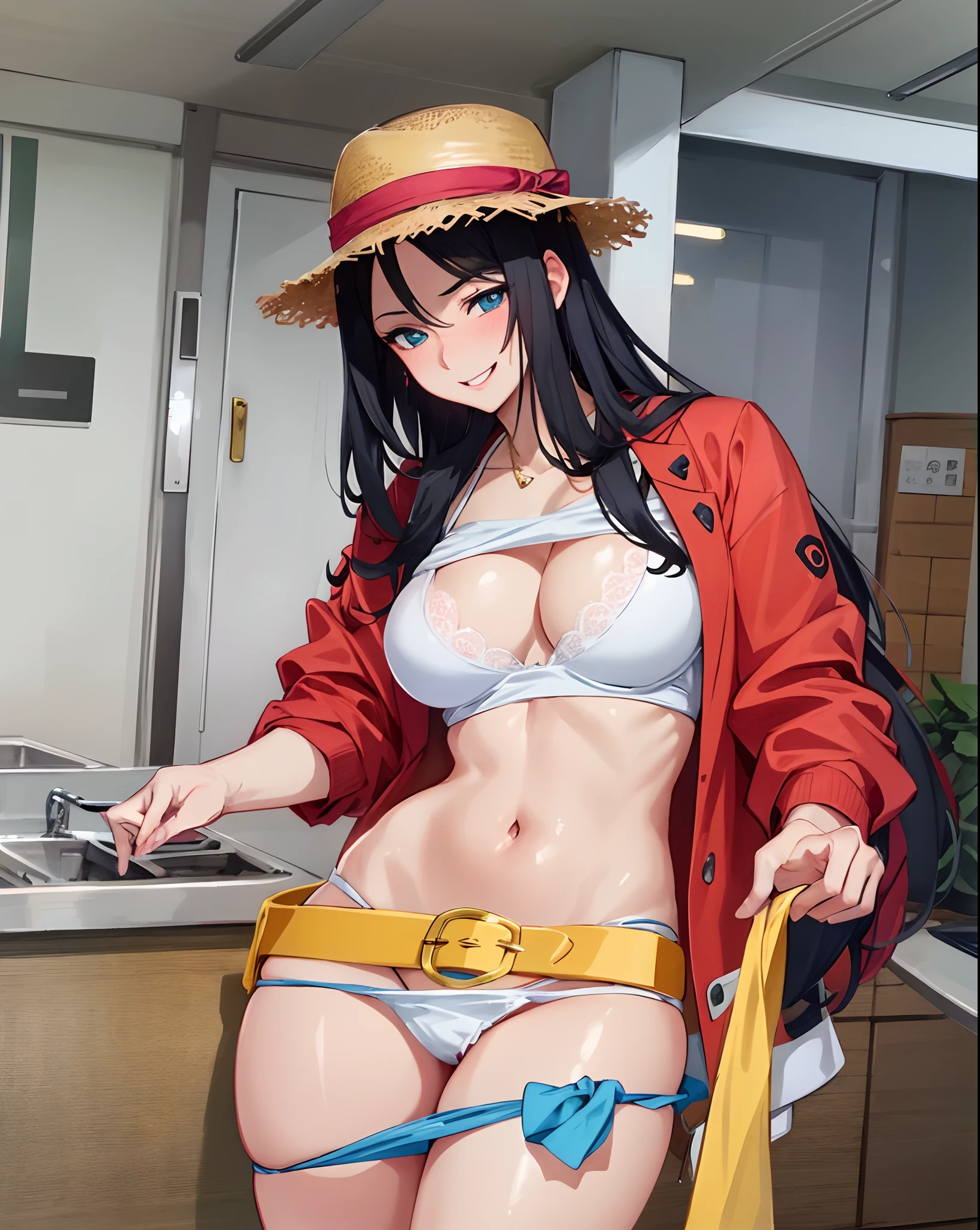 anime girl in a red jacket and white top with a yellow belt, seductive anime girl, anime best girl, with straw hat, asuka suit under clothes!, nico robin, by Kentaro Miura, [ 4 k digital art ]!!, painted in anime painter studio, attractive anime girl, hq artwork, revealing clothes, from one piece, touching her clothes,((masterpiece)),((best quality)),((ultra-detailed)),(8k),((wallpaper)),((extremely detailed cg)),(RAW photo:1.2),beautiful,,mid breasts,sexy smile,lovely eyes,,shiny skin, shiny body,(vagina marked by panty),Perfect eyes, detailed eyes,Nice eyes,lewd laugh, naughty laugh,sexy white lingerie