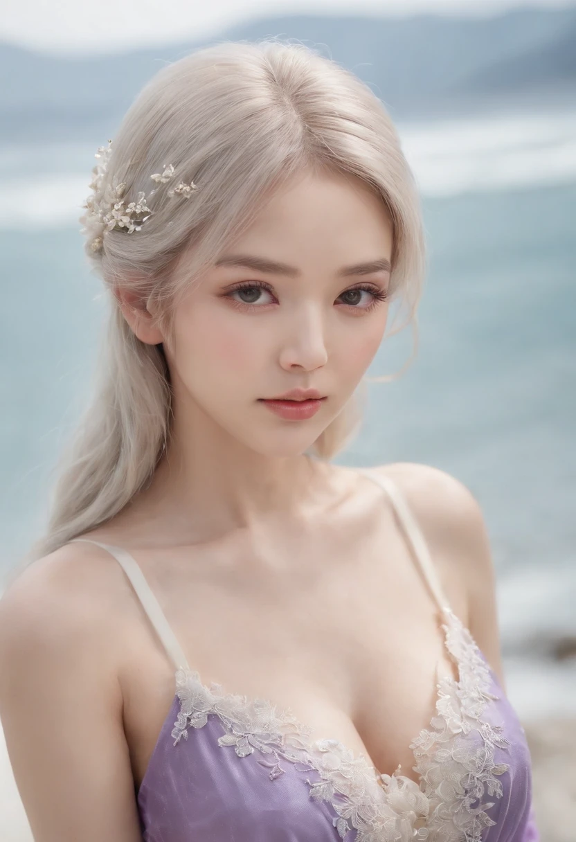 photo portrait of a beautiful woman like a nynph-sea-angel, dressed in long elegant intricate ornamental coral and shells white dress, natural skin tone, intricate fractal highly detailed coral and shells ornament in the upper side of breast, bust with a very long neck , elegant, highly detailed intricate coral and shells ornament in her blond long hair, Realistic, Refined, Highly Detailed, Cinematic pastel Lighting, fine art photography by Paolo Roversi, volumetric lighting, hyper realistic photography