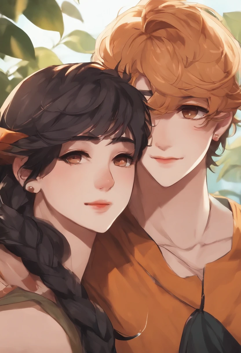 Lima Momomaru Create Requests Copy prompts Draw a scene of two beautiful young men embracing each other。O primeiro tinha cerca de 25 anos.、Ele tem um alto, corpo tonificado e musculoso.tres jovens dois rapazes e uma rapariga um rapaz com pele morena e outro rapaz com pele branca cabelo comprido e tatuage no pescoso e uma moca com pele morena