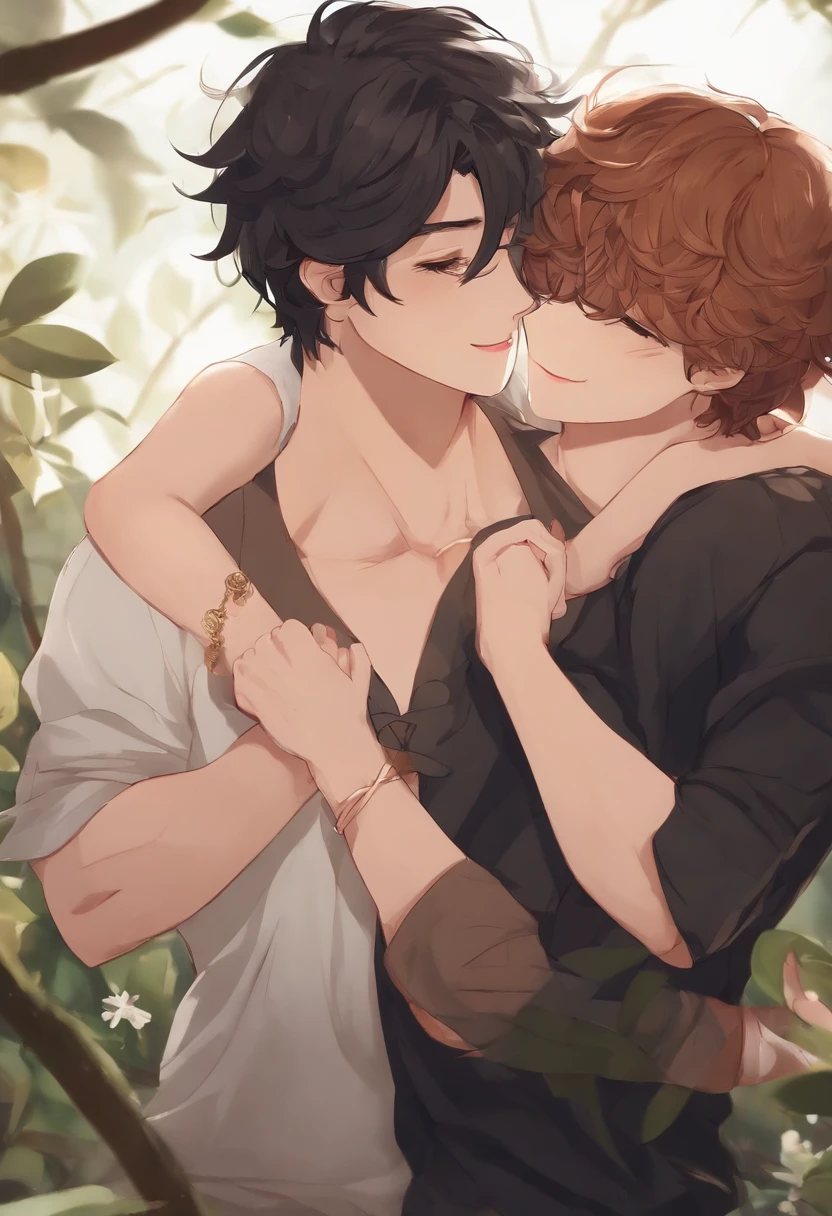 Lima Momomaru Create Requests Copy prompts Draw a scene of two beautiful young men embracing each other。O primeiro tinha cerca de 25 anos.、Ele tem um alto, corpo tonificado e musculoso.tres jovens dois rapazes e uma rapariga um rapaz com pele morena e outro rapaz com pele branca cabelo comprido e tatuage no pescoso e uma moca com pele morena
